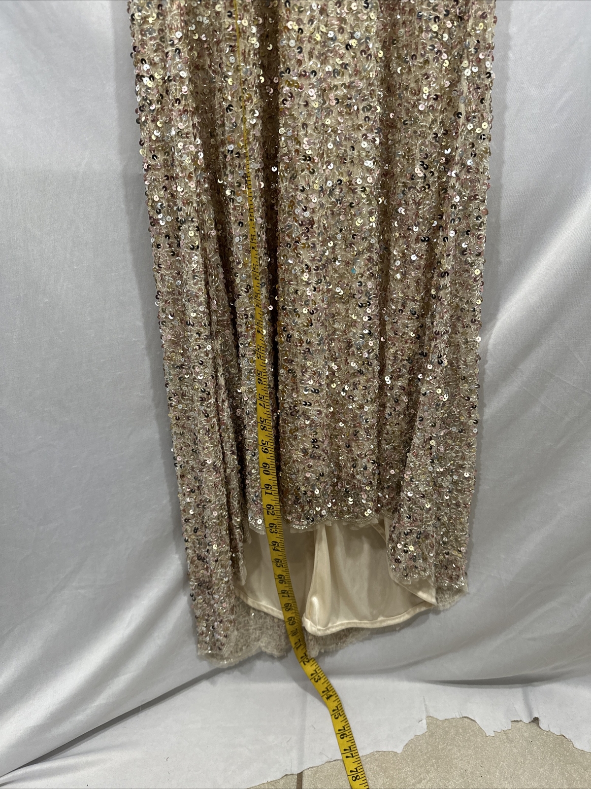 NEW $698 Mac Duggal [ 10 ] Sequined V Neck Cape Sleeve Beaded Gown Nude #Q704