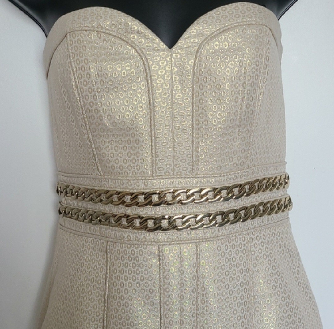 Laundry by Shelli Segal Gold Metallic Jacquard Chain Waist Mini Dress Strapless