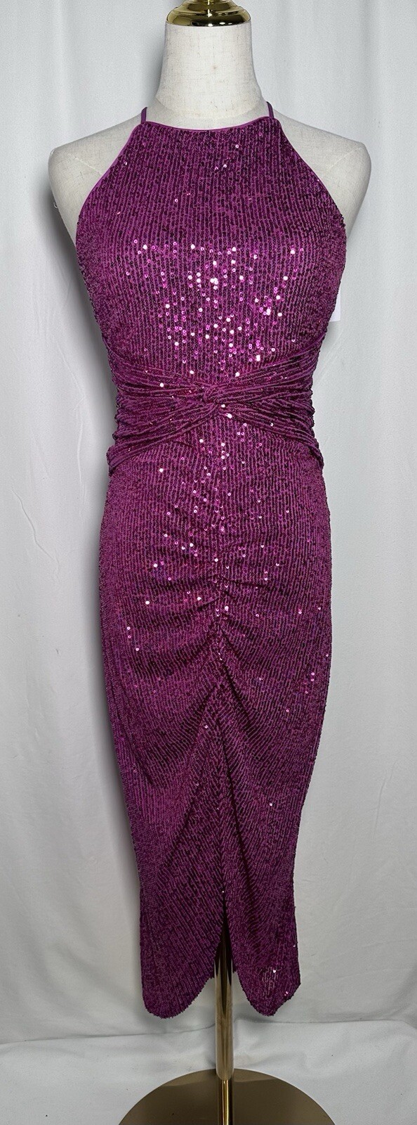Belle Badgley Mischka Dress Bodycon 2 Midi Sleeveless Sequin Fuchsia $239