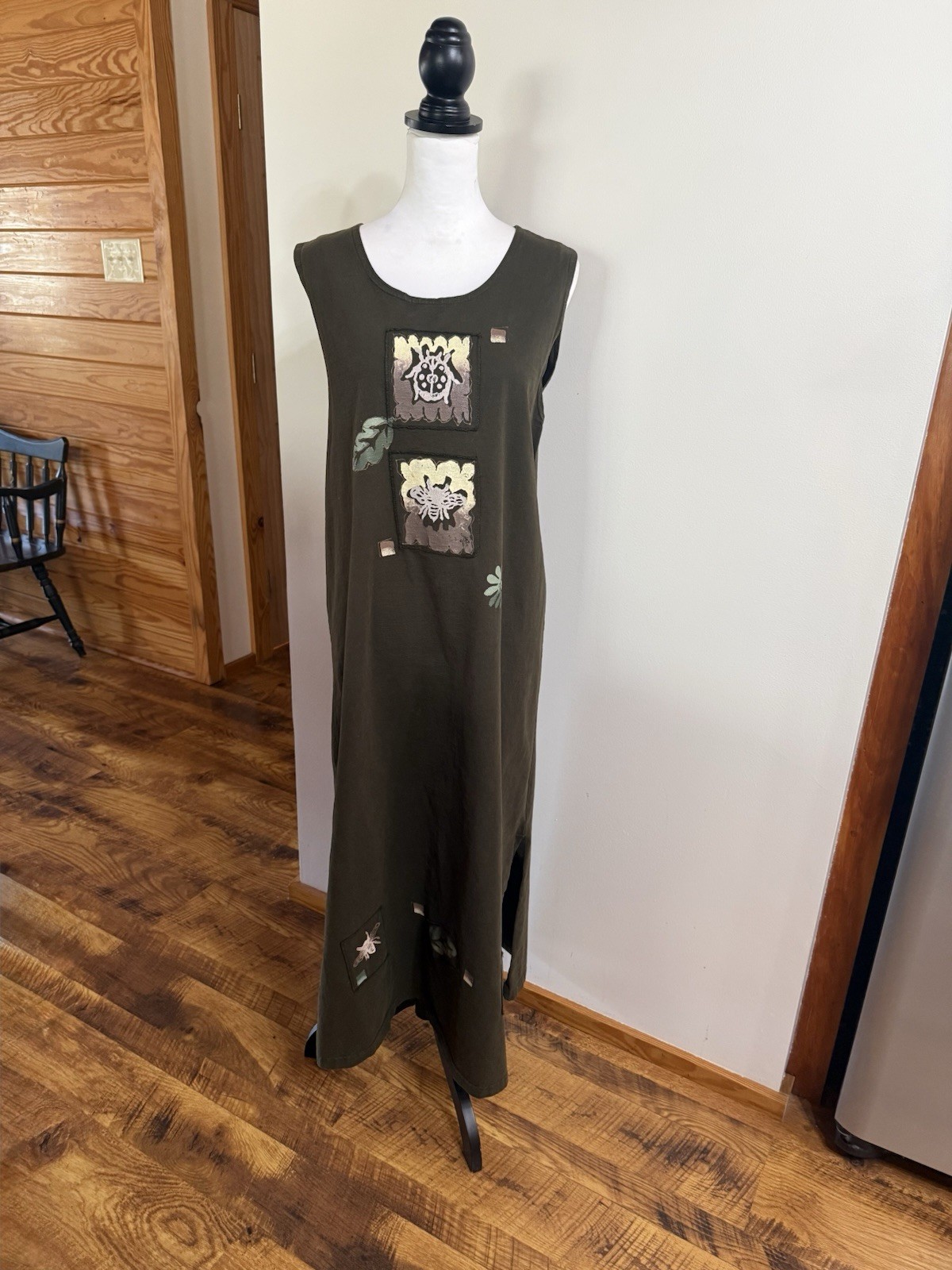 Vintage Viva City Olive Jumper Dress Hand Painted Artsy M Boho