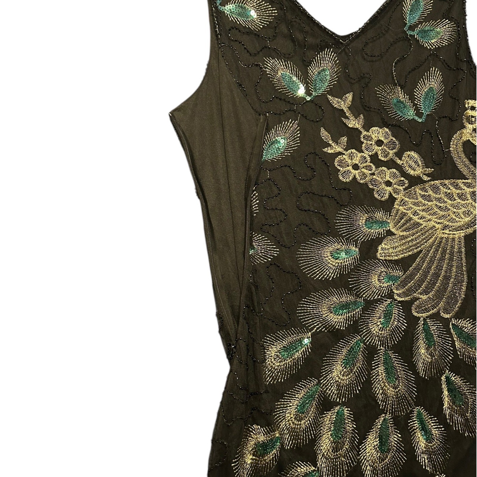 Vintage Style Peacock Beaded Flapper Dress Green Fringe Gatsby Party Costume