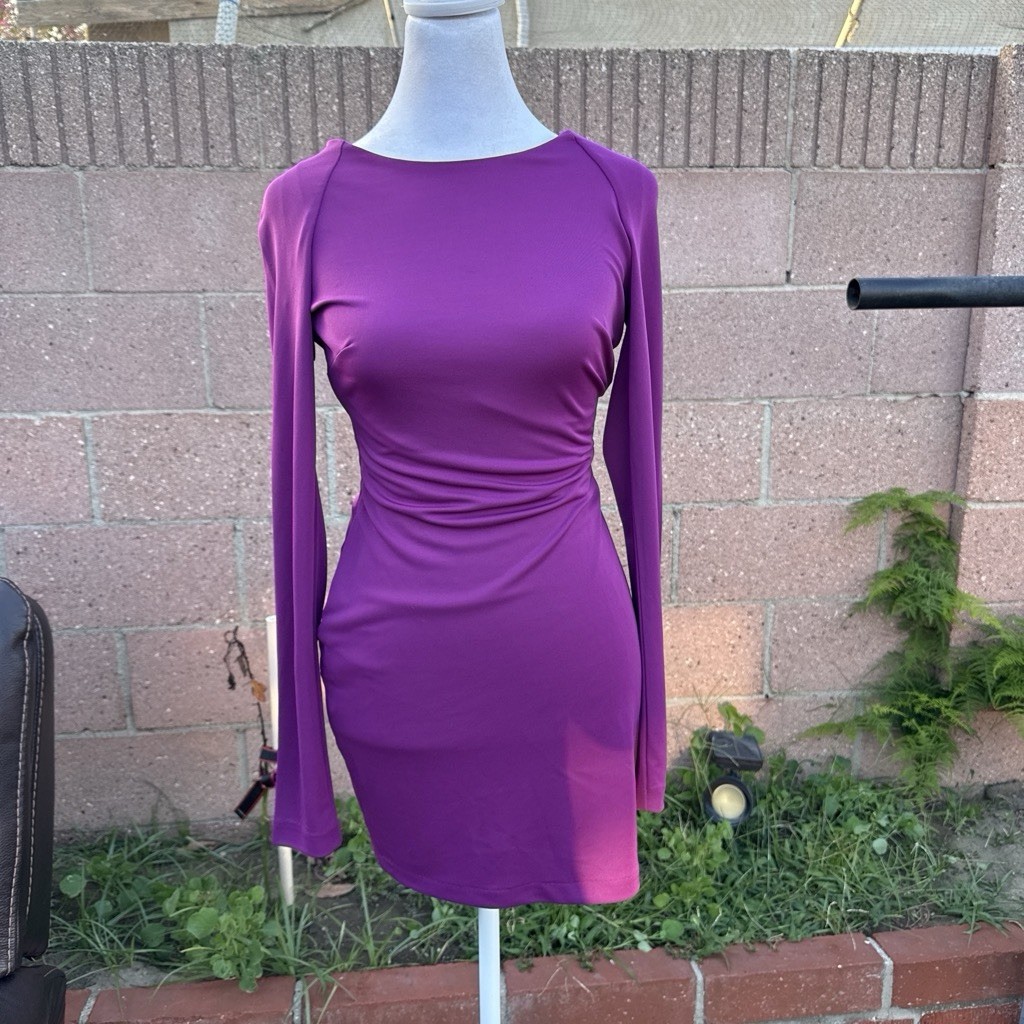 Plum Purple Open Back Lace-Up Bodycon Mini Dress Long Sleeve Size S