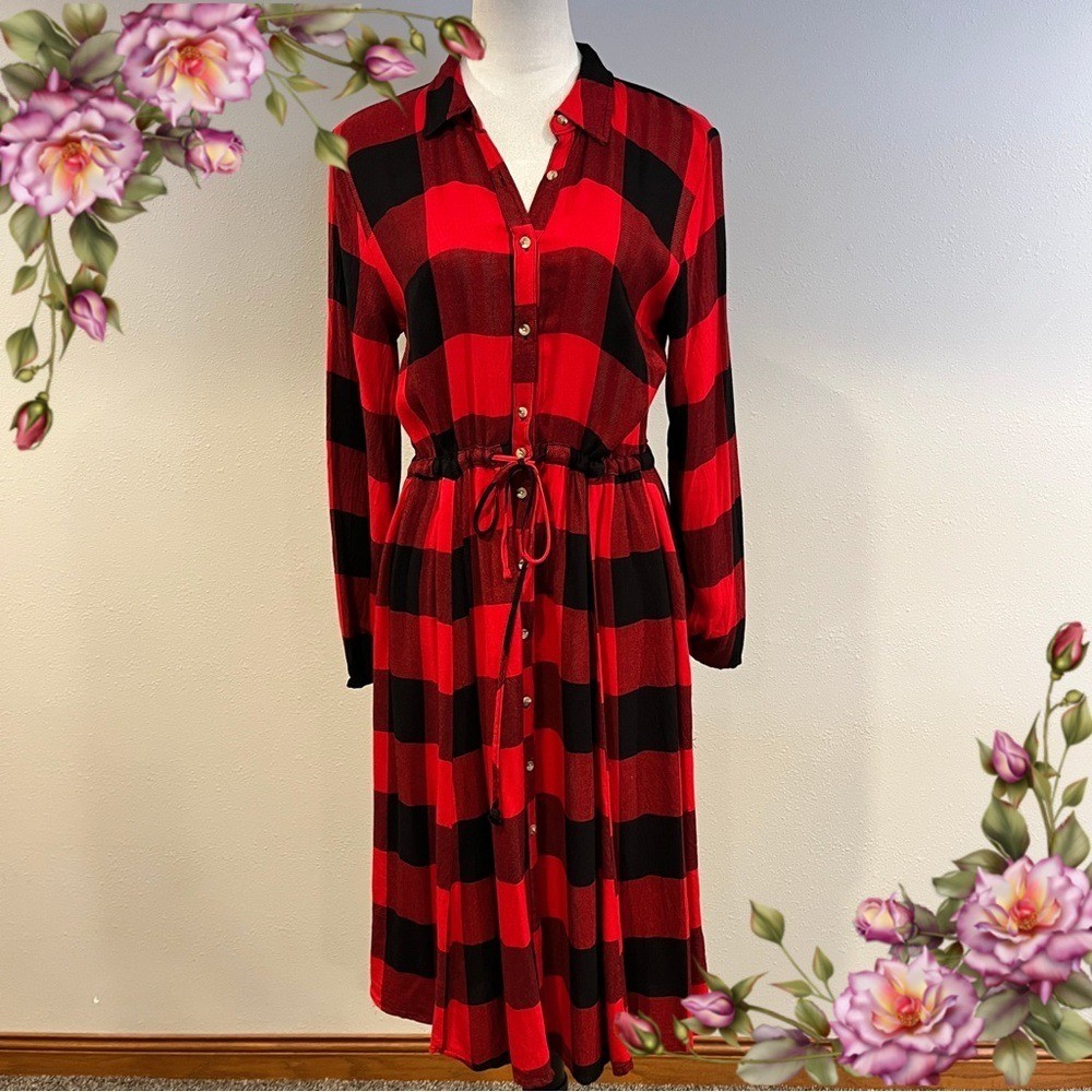 Maurice’s Red and Black Plaid button down midi Shirt Dress