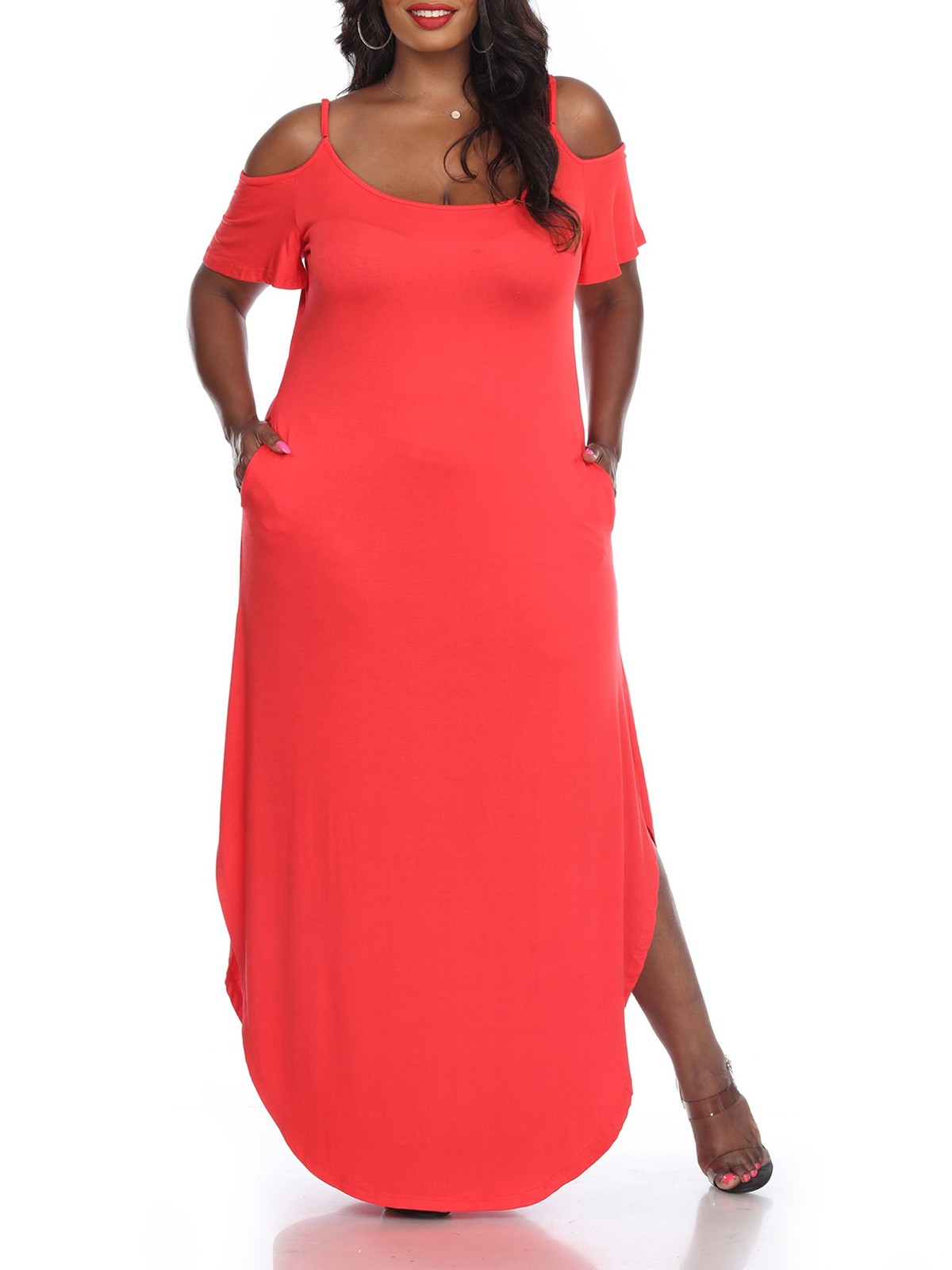White Mark Plus Size Lexi Maxi Dress Women’s 1XL Red Solid Cutout Shoulders