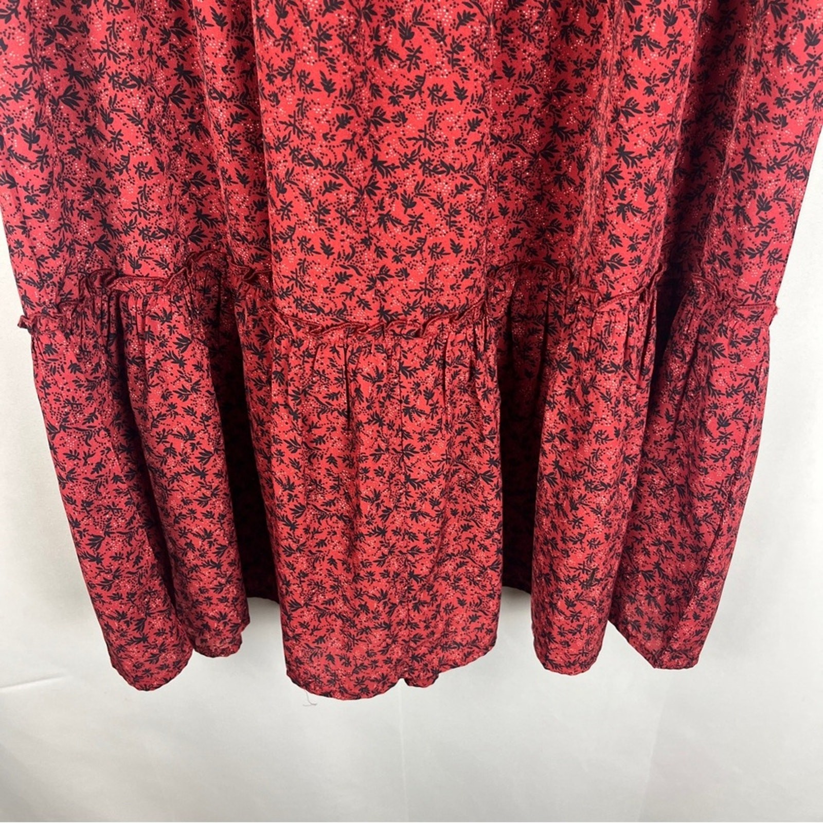 Red Black Print Tiered Ruffle Midi Dress Size Large Cottage Whimsigoth Goth