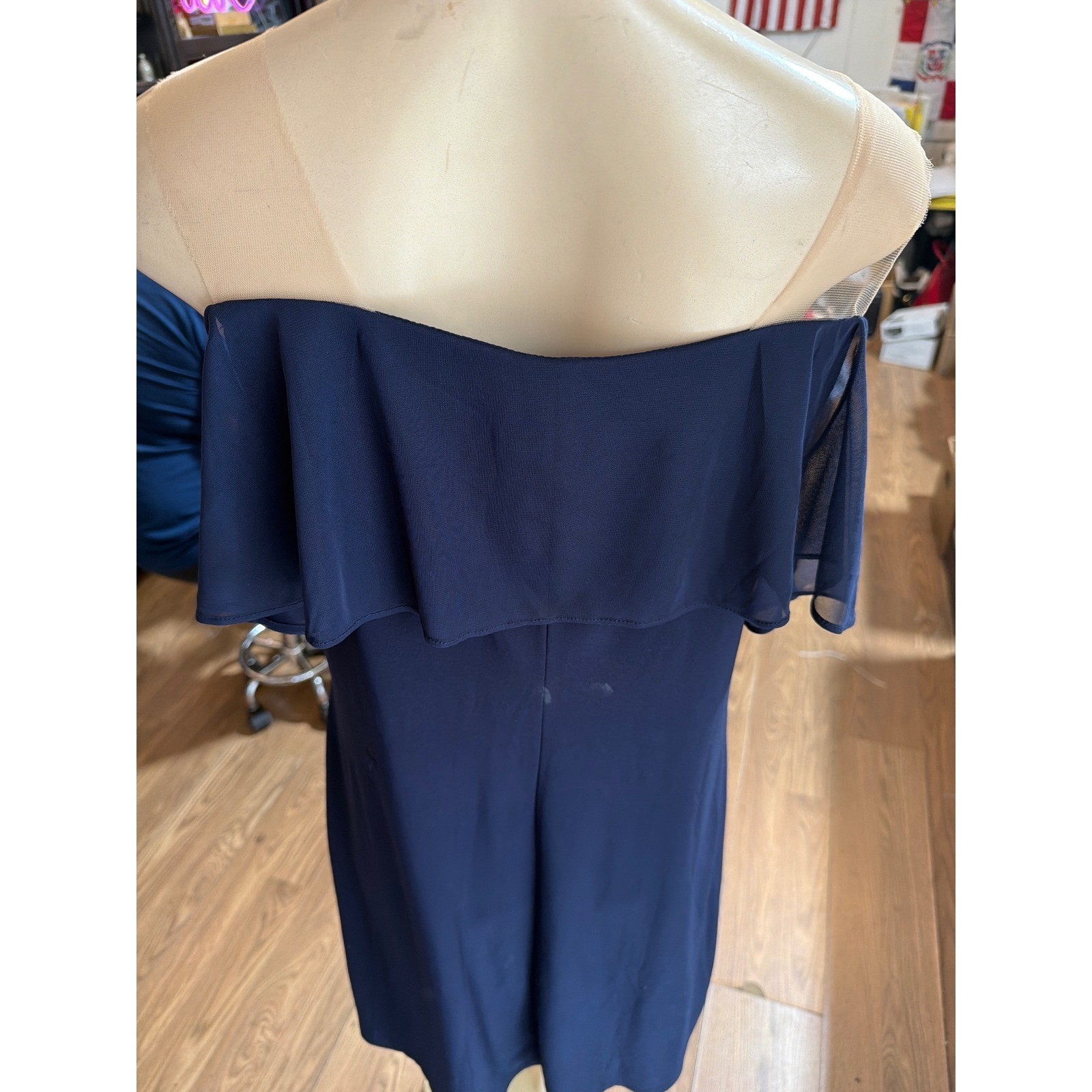 MSK Navy Blue Floral Lace Rhinestone Illusion Neck Cold Shoulder Dress Large