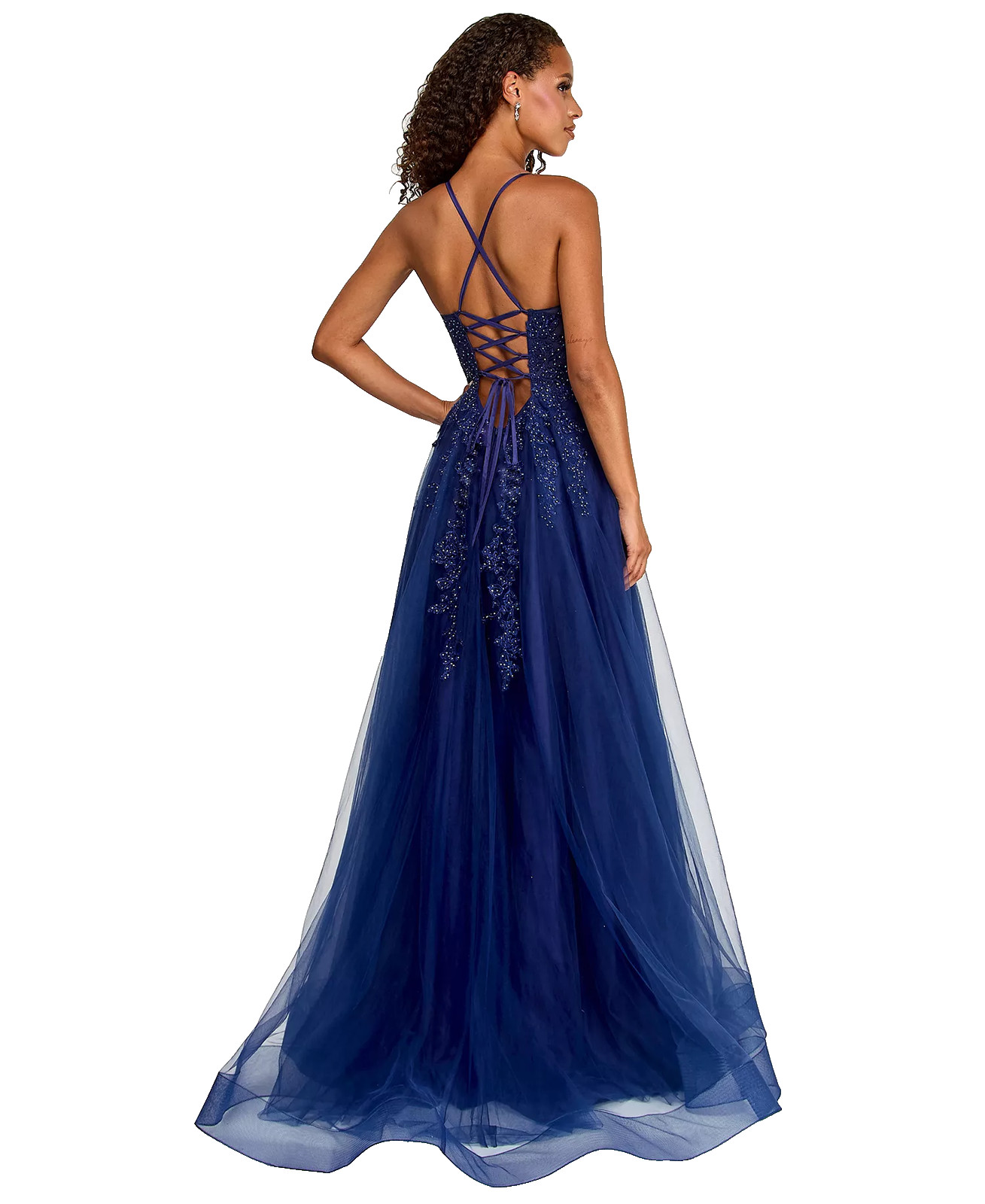 Say Yes Embroidered Ball Gown Juniors Size Navy Applique Side Slit Lace Up FLAW