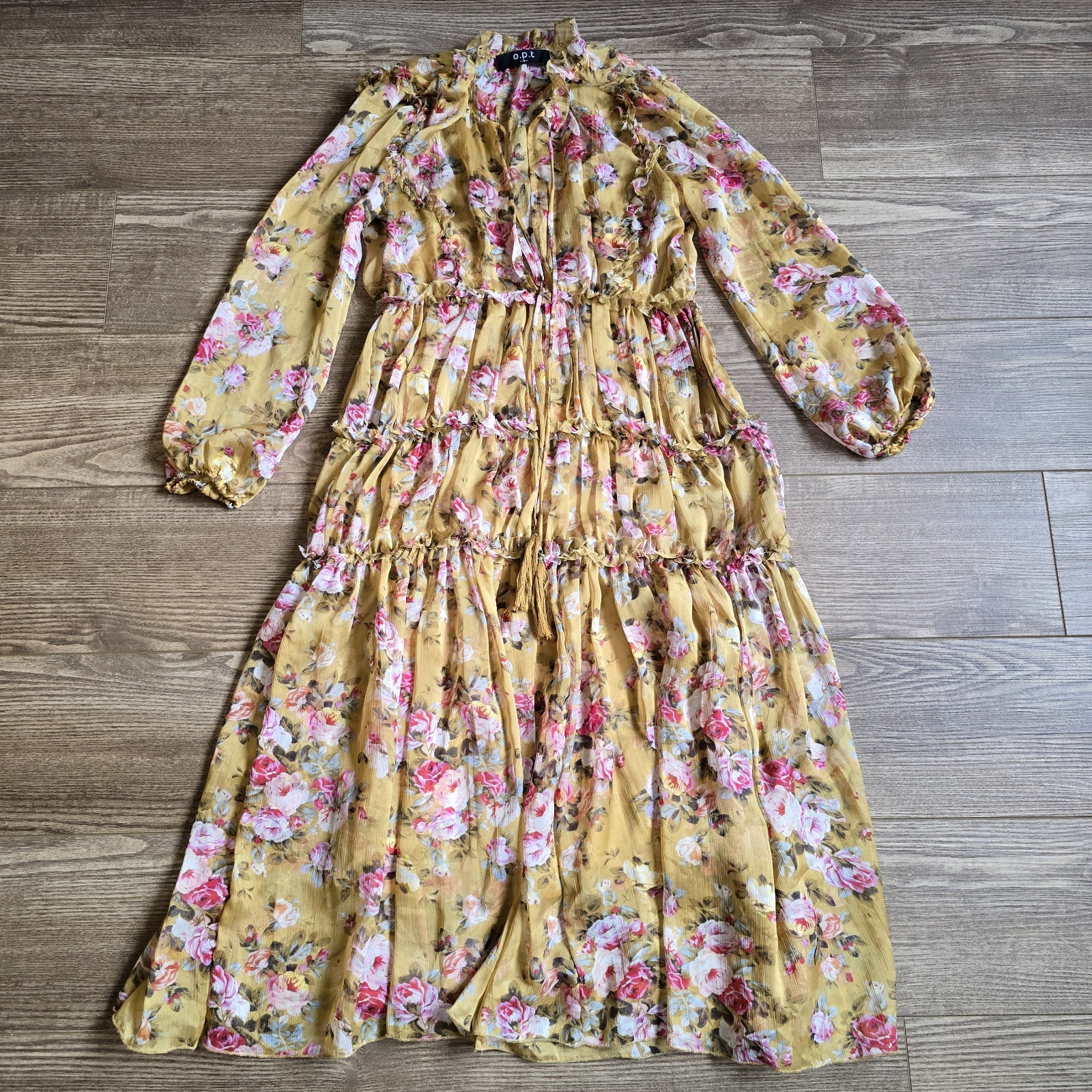 OPT Dress Womens S Yellow Floral Chiffon Midi Felicity Guest Boho Cottagecore