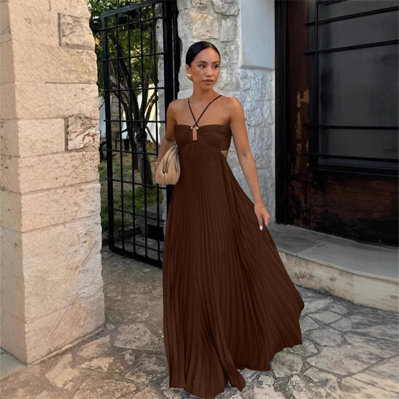 Ins Pleated Sleeveless Sling Dress Size: S,M,L,XL Color: yellow, blue, brown