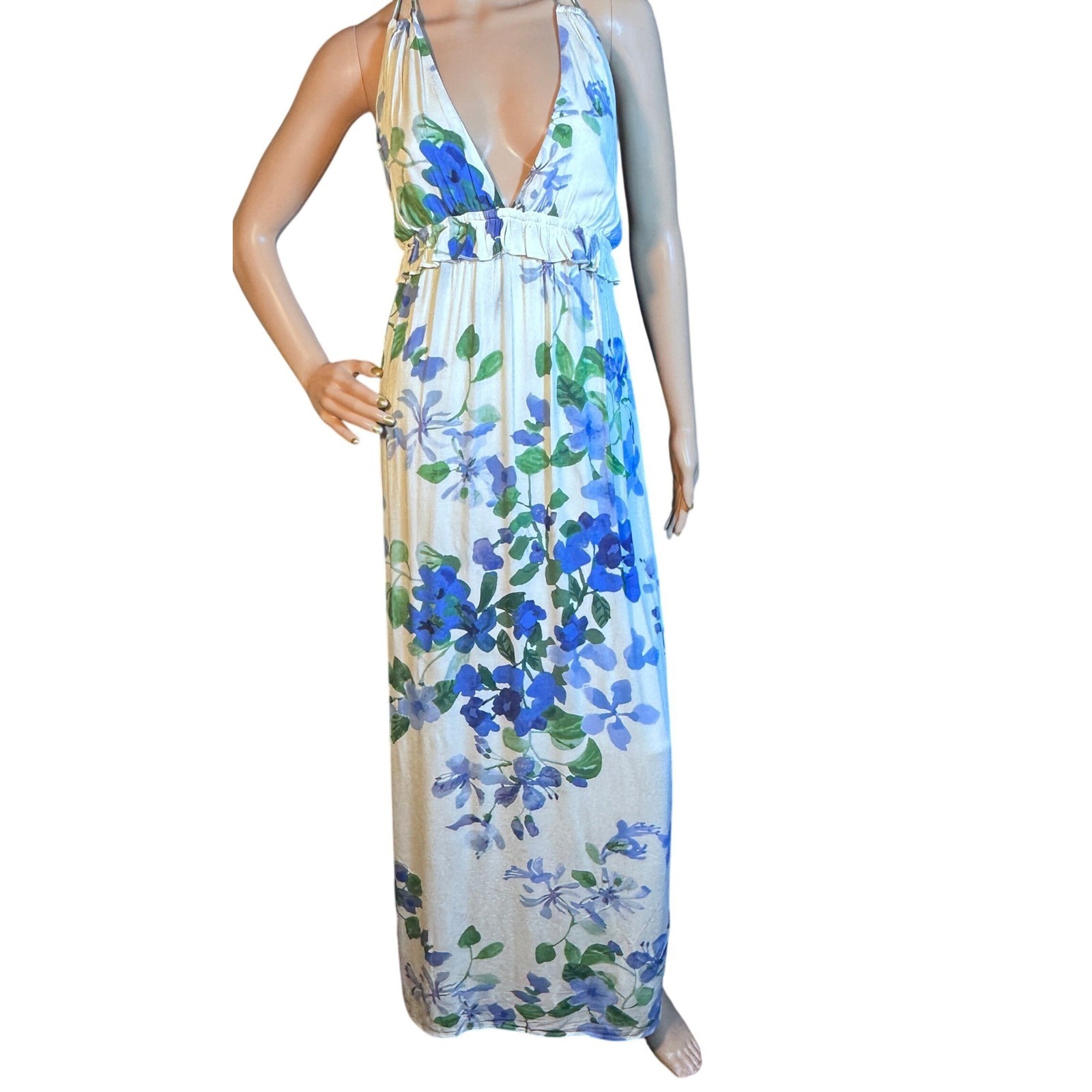 Love Stitch Floral Halter Maxi Dress Women Size Medium Blue White Summer Boho