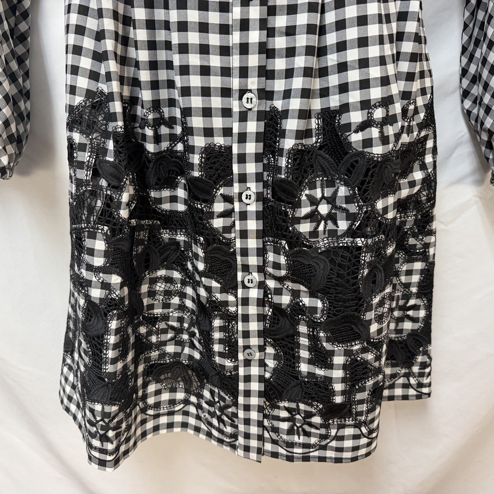 NEW PEARL BY LELA ROSE BLACK WHITE CHECK FLORAL EMBROIDERED BUTTON FRONT DRESS 0
