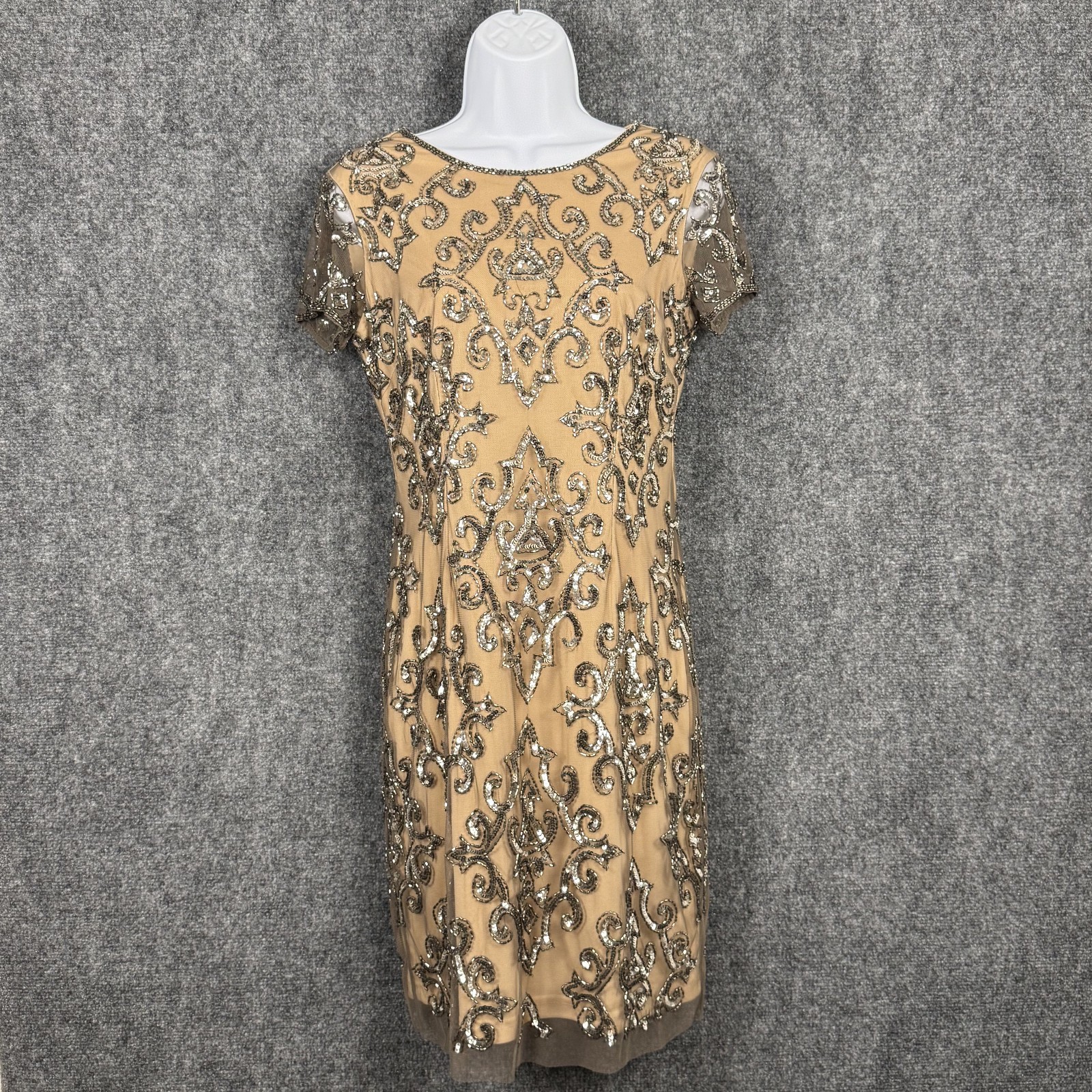 Adrianna Papell Sz 2 Sequin Nude Color Lining Damask Mesh Sheath Cocktail Dress