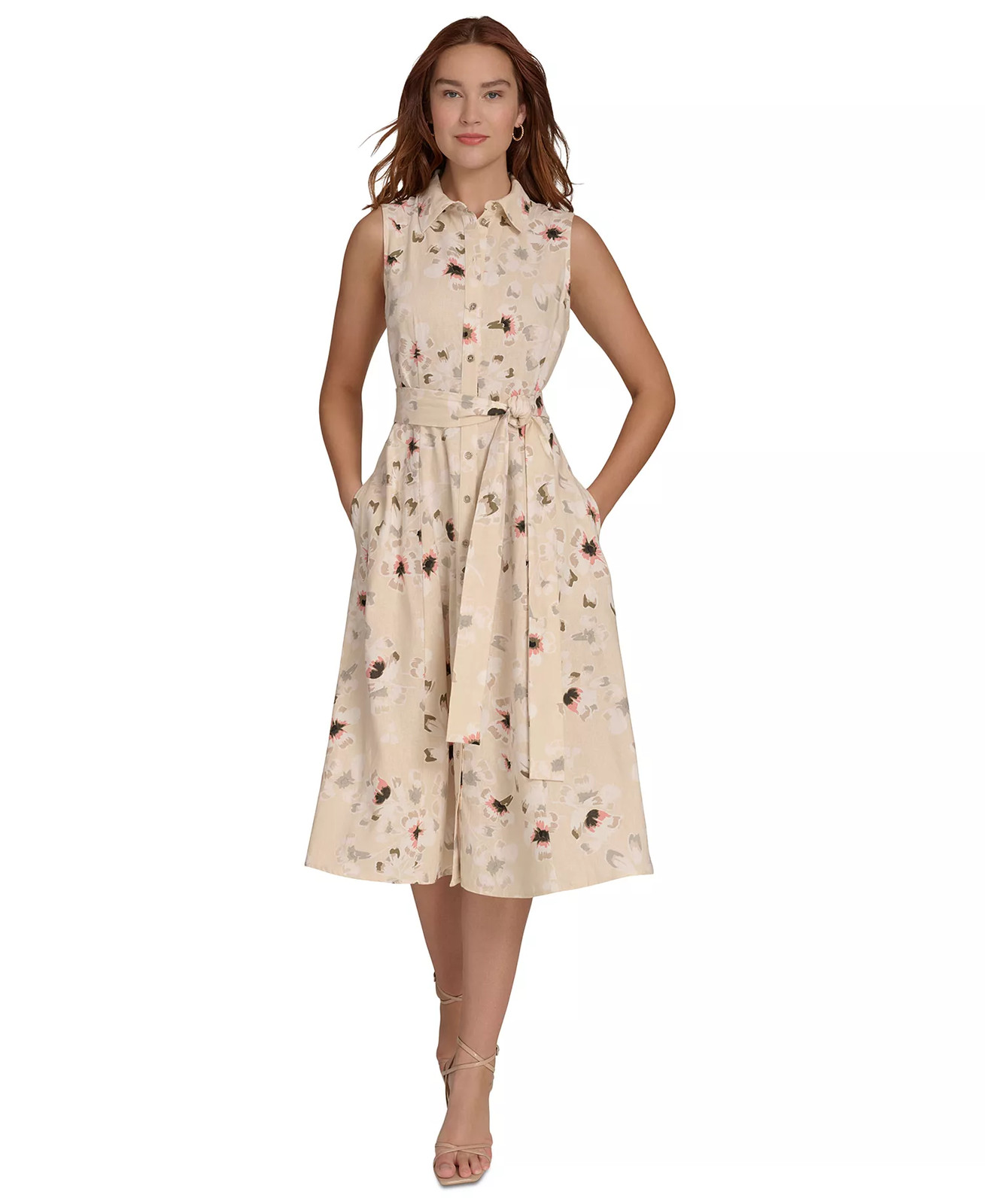 Tommy Hilfiger Shirt Dress 16 Tan Floral Button Front Belt Cotton Linen NWT