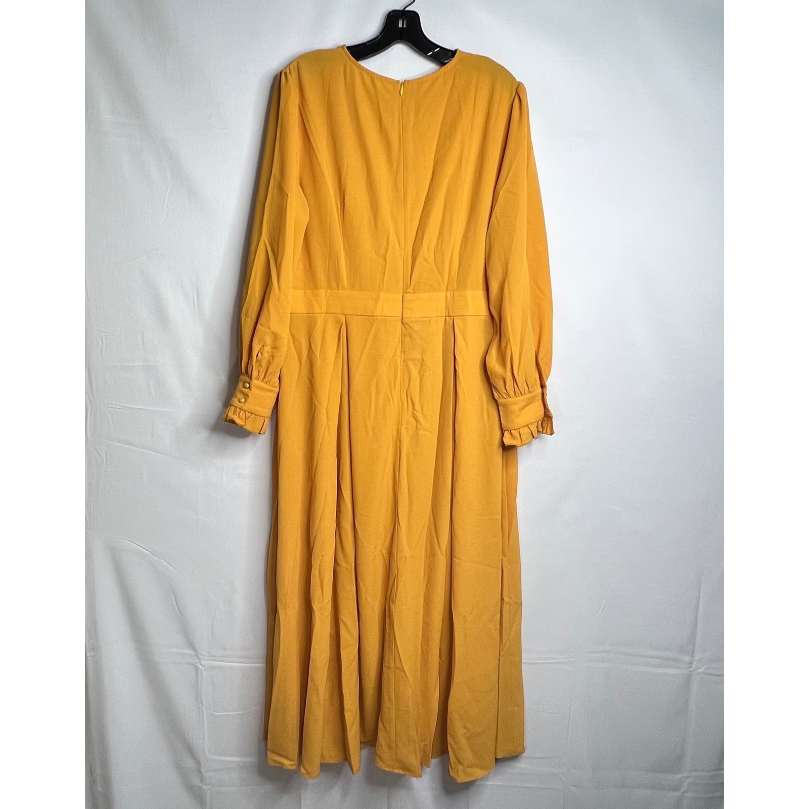 Mustard Yellow Pleated Midi Dress Womens XL Marigold Ruffle Cuff Boho Peasant