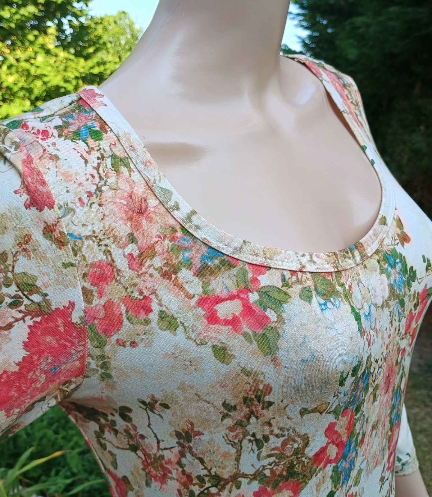 Peruvian Connection Antique Cream Vintage Floral Print Jersey Midi Dress Size S
