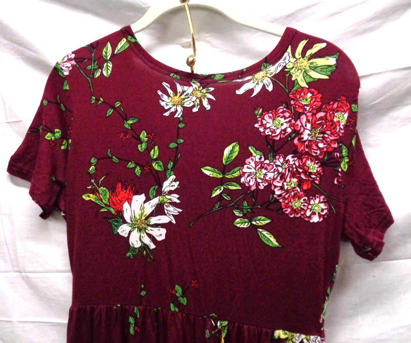 Women’s VIISHOW Short Sleeve Pullover BURGUNDY FLORAL Long Maxi Dress Size M