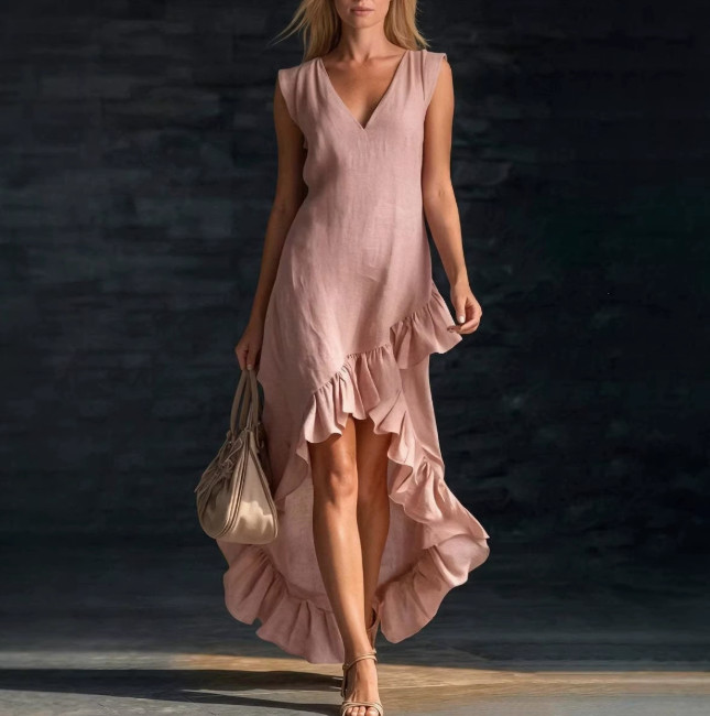 Ladies Romantic V Neck Ruffle Hem Dress Sleeveless Casual Flowy Maxi Sundresses
