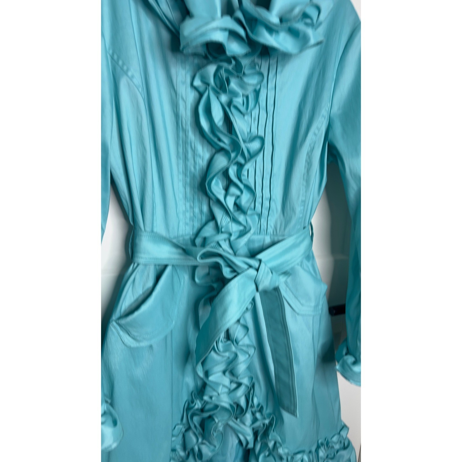 Samuel Dong Aqua Blue Ruffle Trimmed Belted Trench Coat Unique L