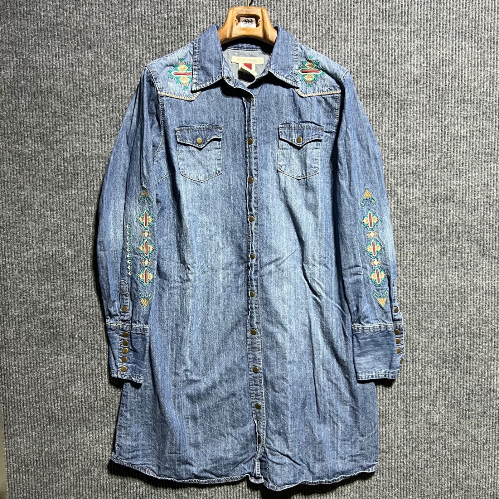 Stetson Denim Shirt Dress Womens XL Blue Embroidered Western Southwestern Snap