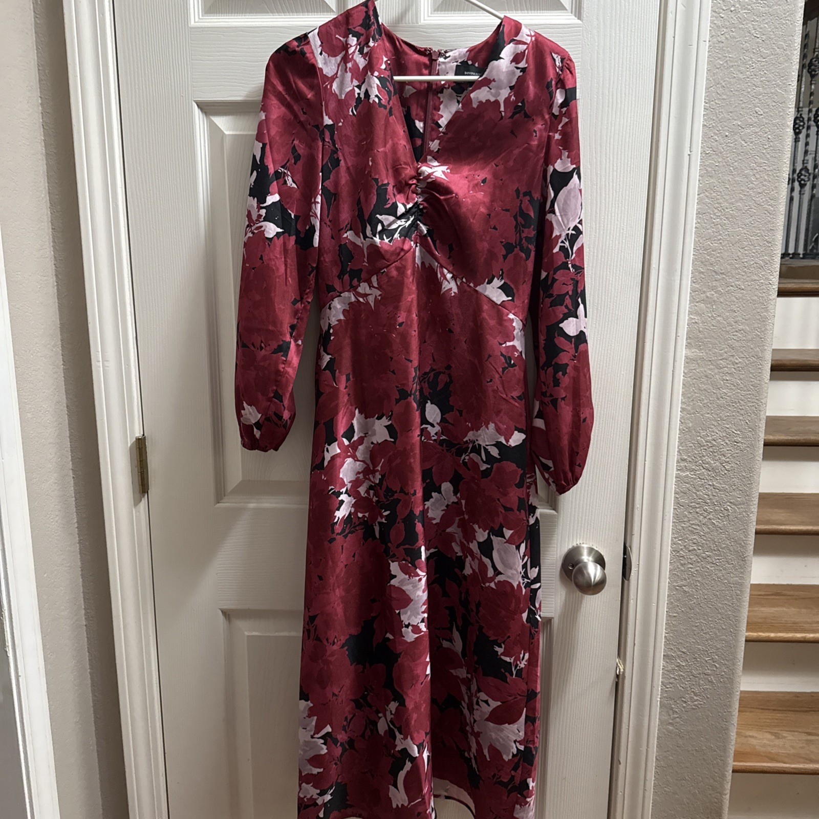 Banana Republic Silky Column Midi Dress Maroon Pink and Navy Floral