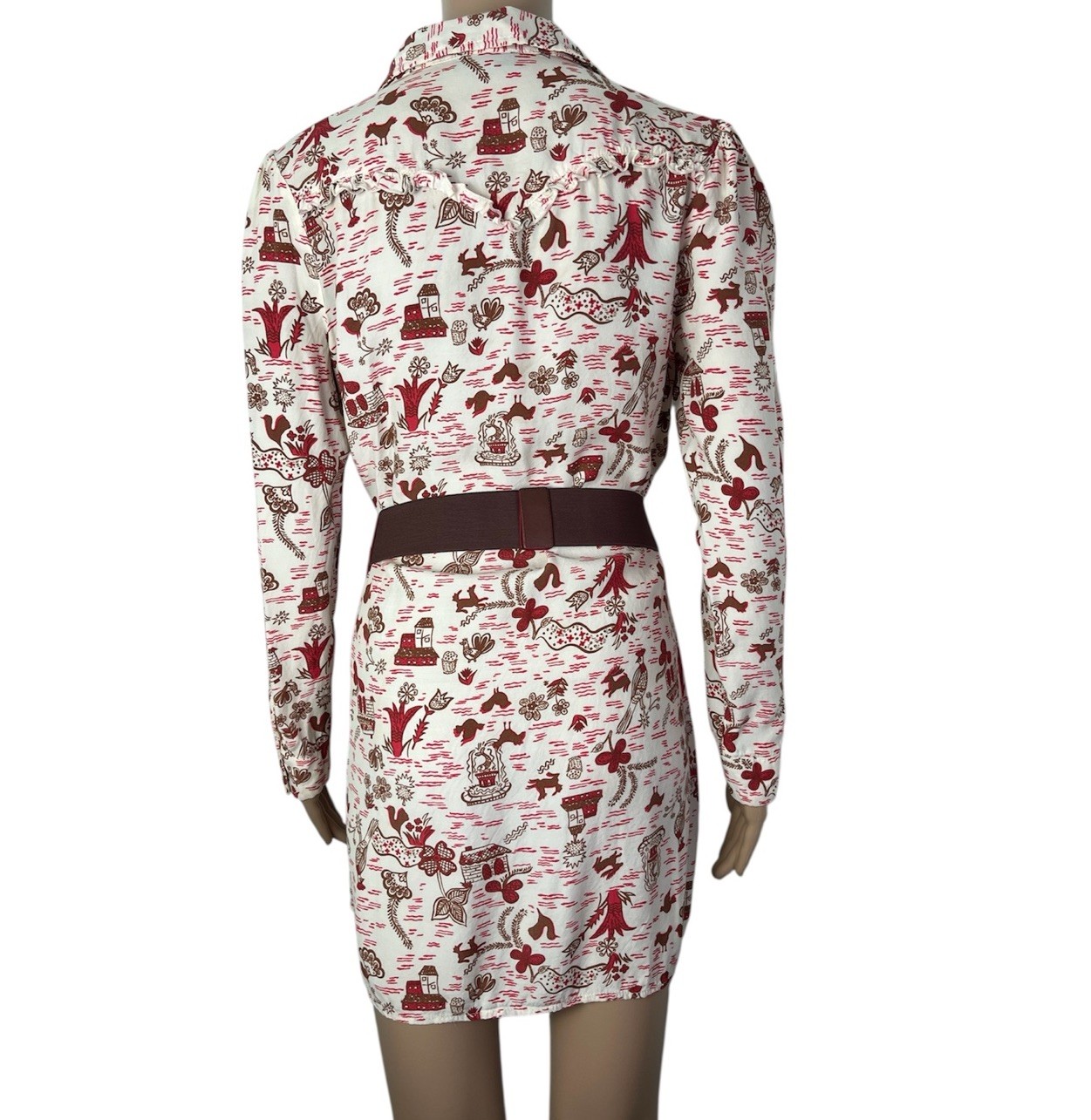 ModCloth Floral Print Cream Brown Button Up Short Shirt Dress Tunic Size Small