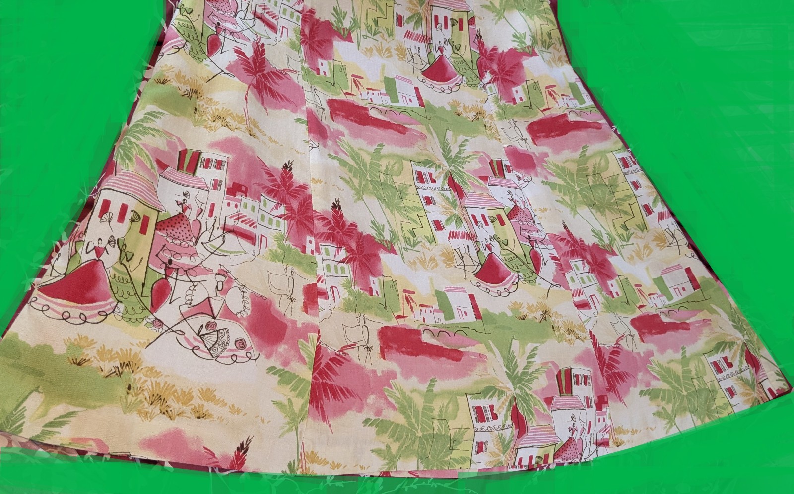 Vintage K Studio City Scene Print Wearable Art Party Dress. Size 12-14