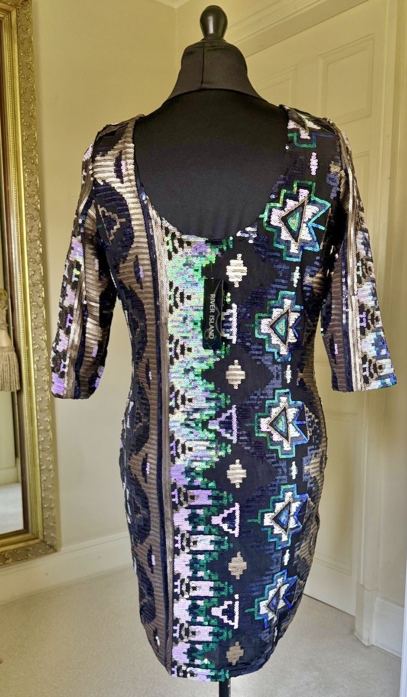 River Island Sequin Sexy Stretch Mini Dress UK16 Black Multi Party Prom Cocktail