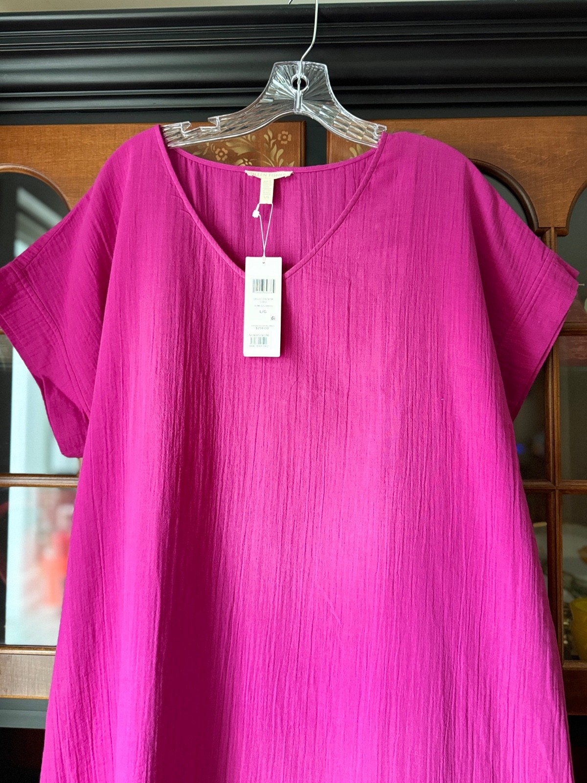 NEW Eileen Fisher Organic Cotton Gauze V-Neck Midi Dress Cerise L Minimalist