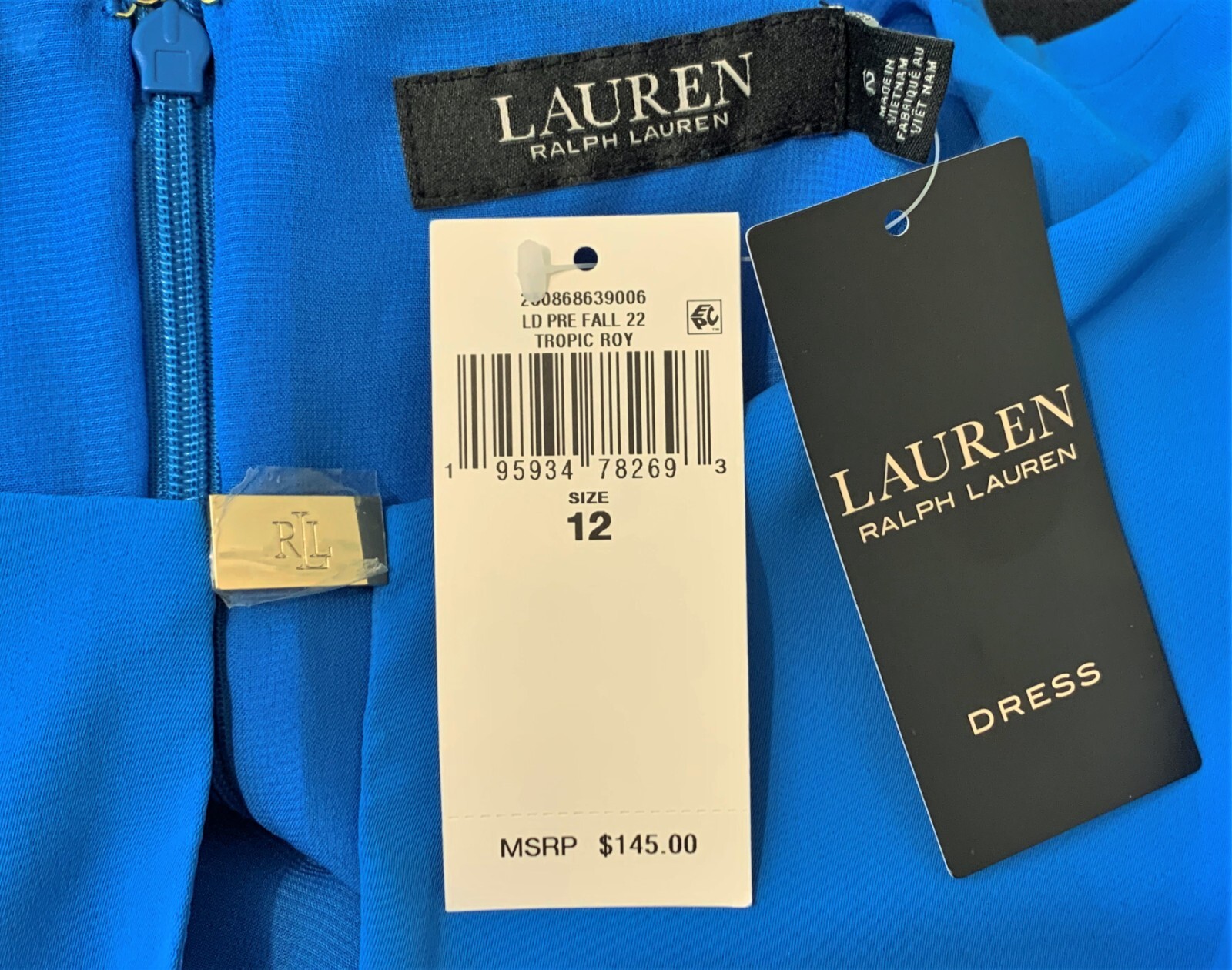 New LAUREN RL Split V-Neck Keyhole Belted Georgette Dress Size-12, $80 Off MSRP