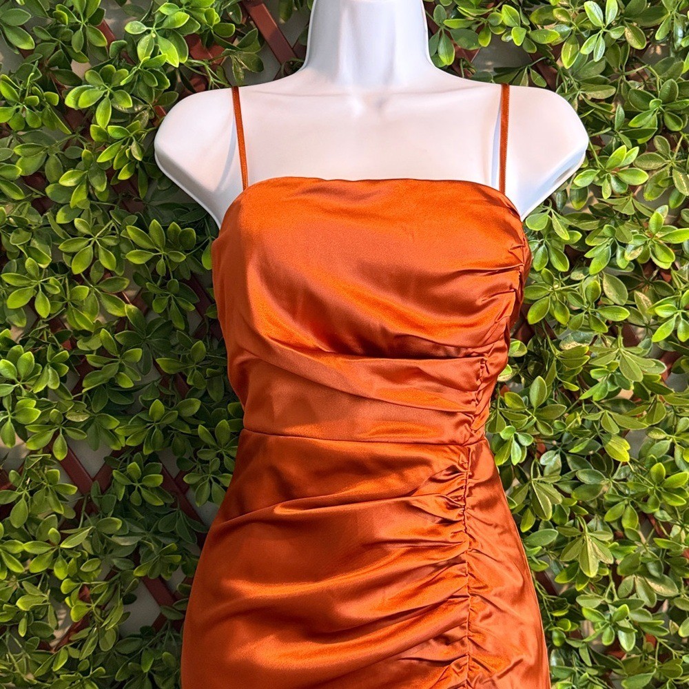 Luxurious Marvel Rust Orange Satin Ruched Column Dress