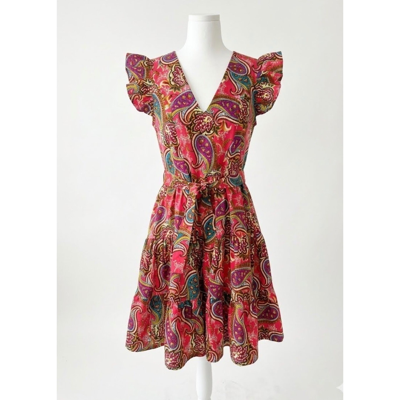 Pink Paisley Tiered Ruffle Sleeve Fit & Flare Cotton Dress Sz S: Boho, Party
