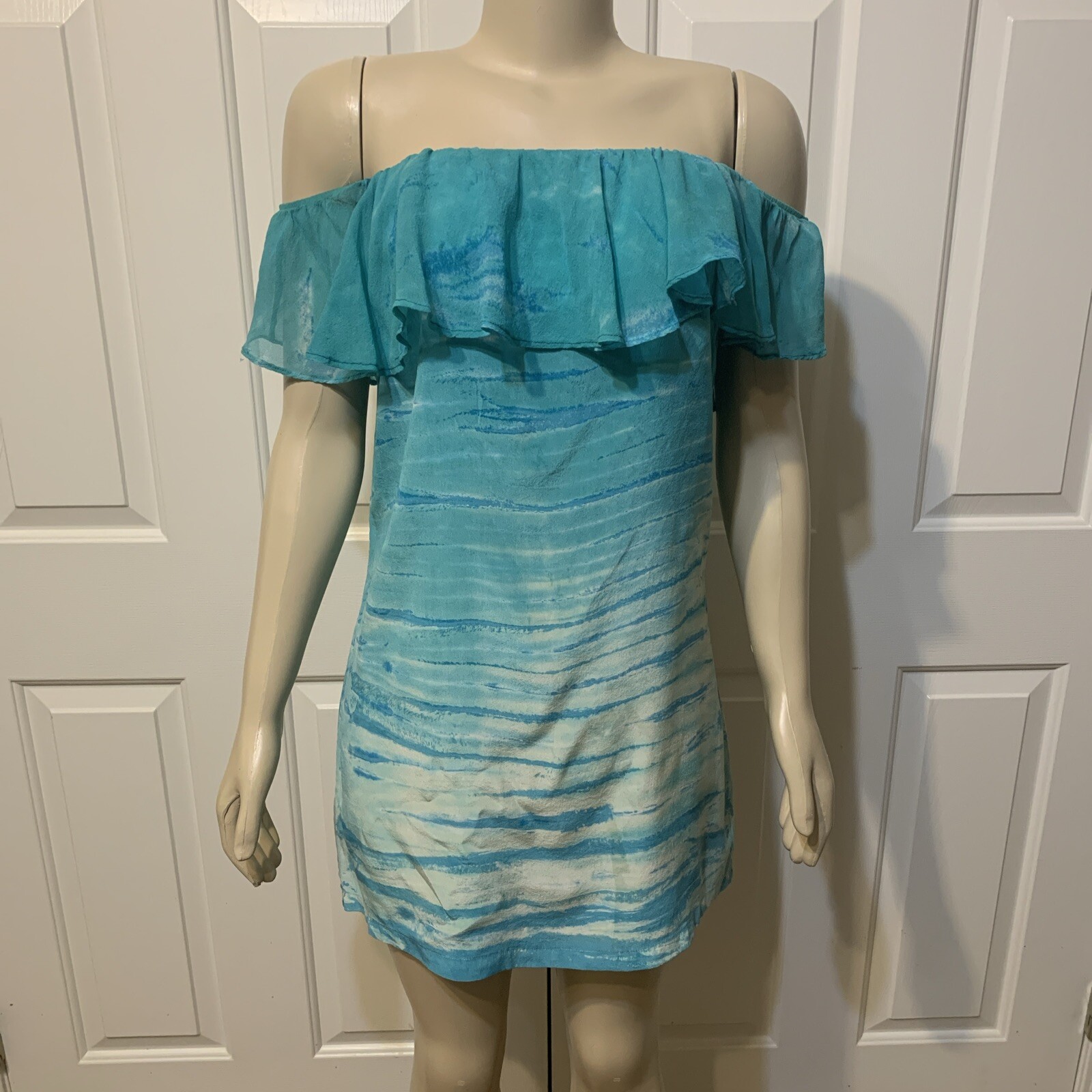Gypsy 05 100% Silk Off Shoulder Ruffle Mini Tie Dye Dress in Green $175 (CG) Med