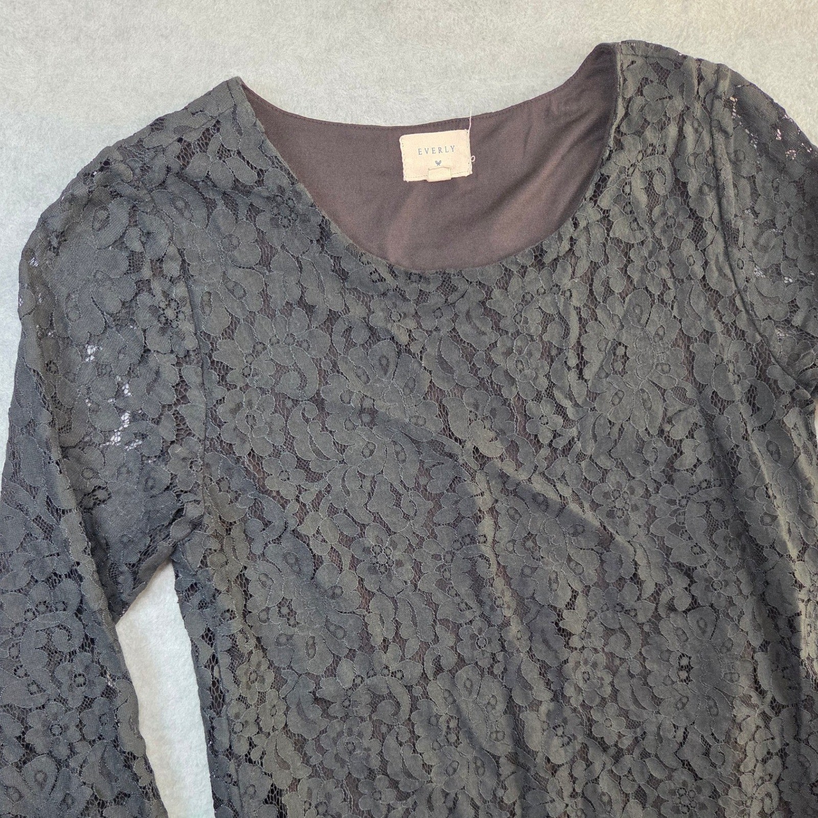 Everly Black Floral Lace Shift Dress Womens Medium 3/4 Sleeve Scoop Neck Mini