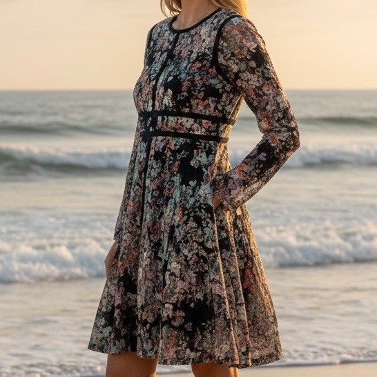 Floral Lace Long Sleeve Fit & Flare Dress Black Multi L Whimsigoth Cocktail Wedd