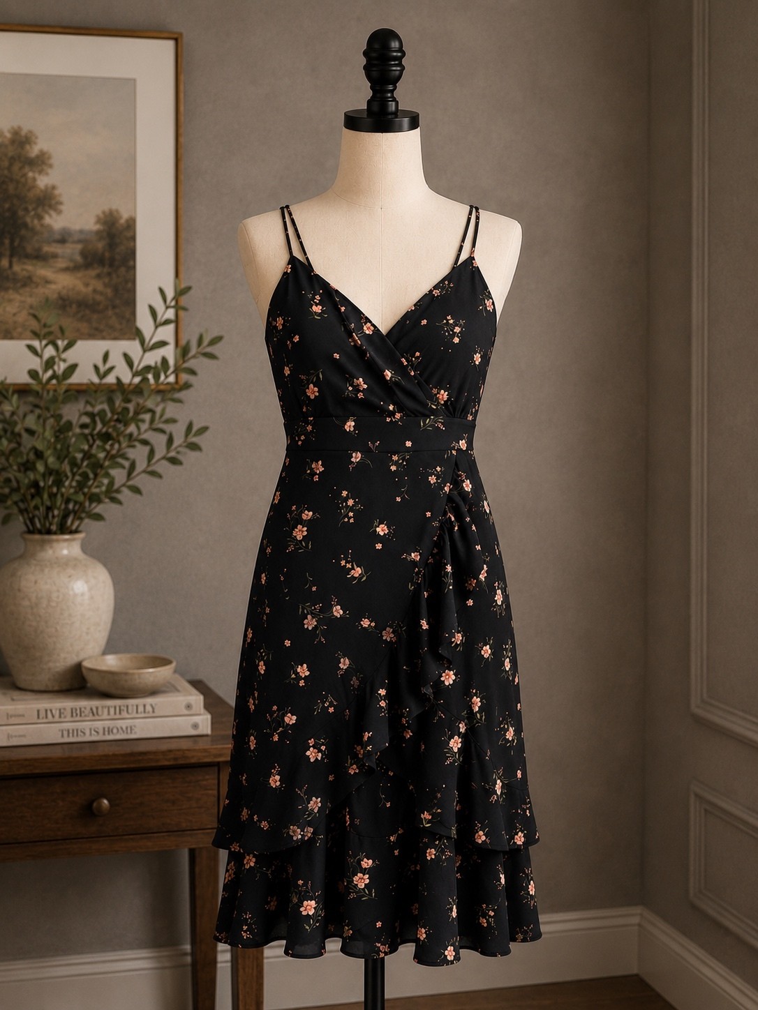 No Boundaries XXL Black Floral faux Wrap, with Ruffle Hem, cami dress
