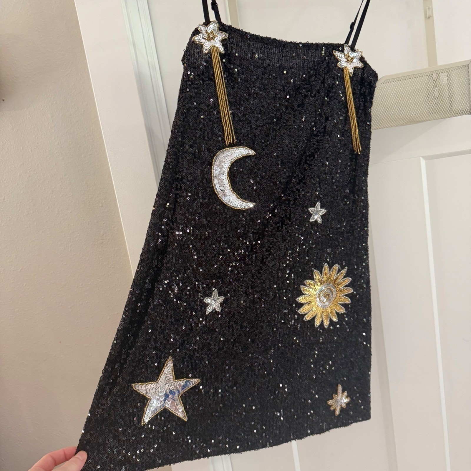 East N West Label Sequin Star Mini Dress Black Celestial Moon Sun Whimsy M Party