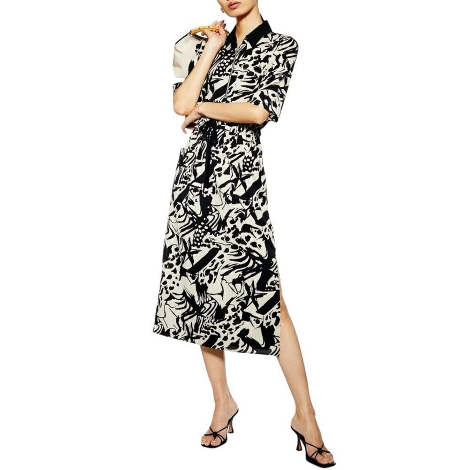 Topshop Black and Tan Waist Tie MIDI Shirtdress size US 6 UK 10 EUR 38