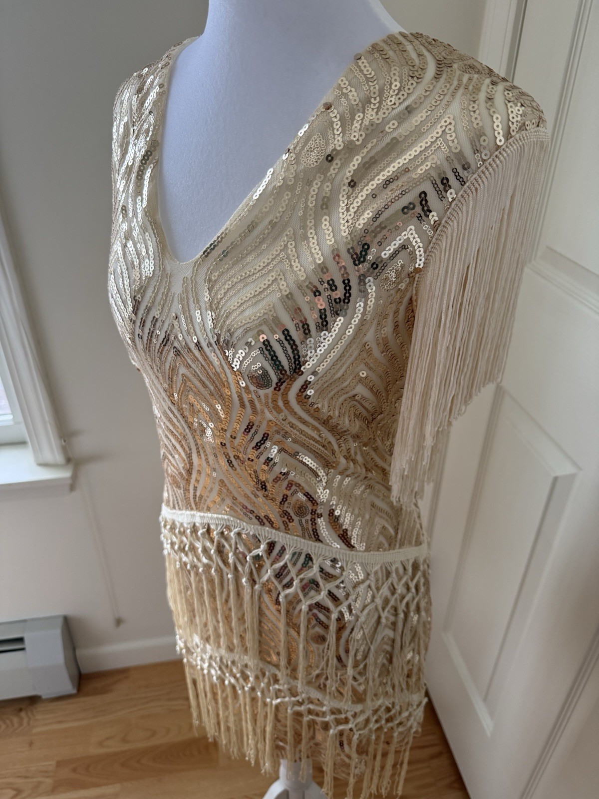 BABEYOND Gold Sequin Fringe Dress Western Boho Festival Gatsby NWT Small