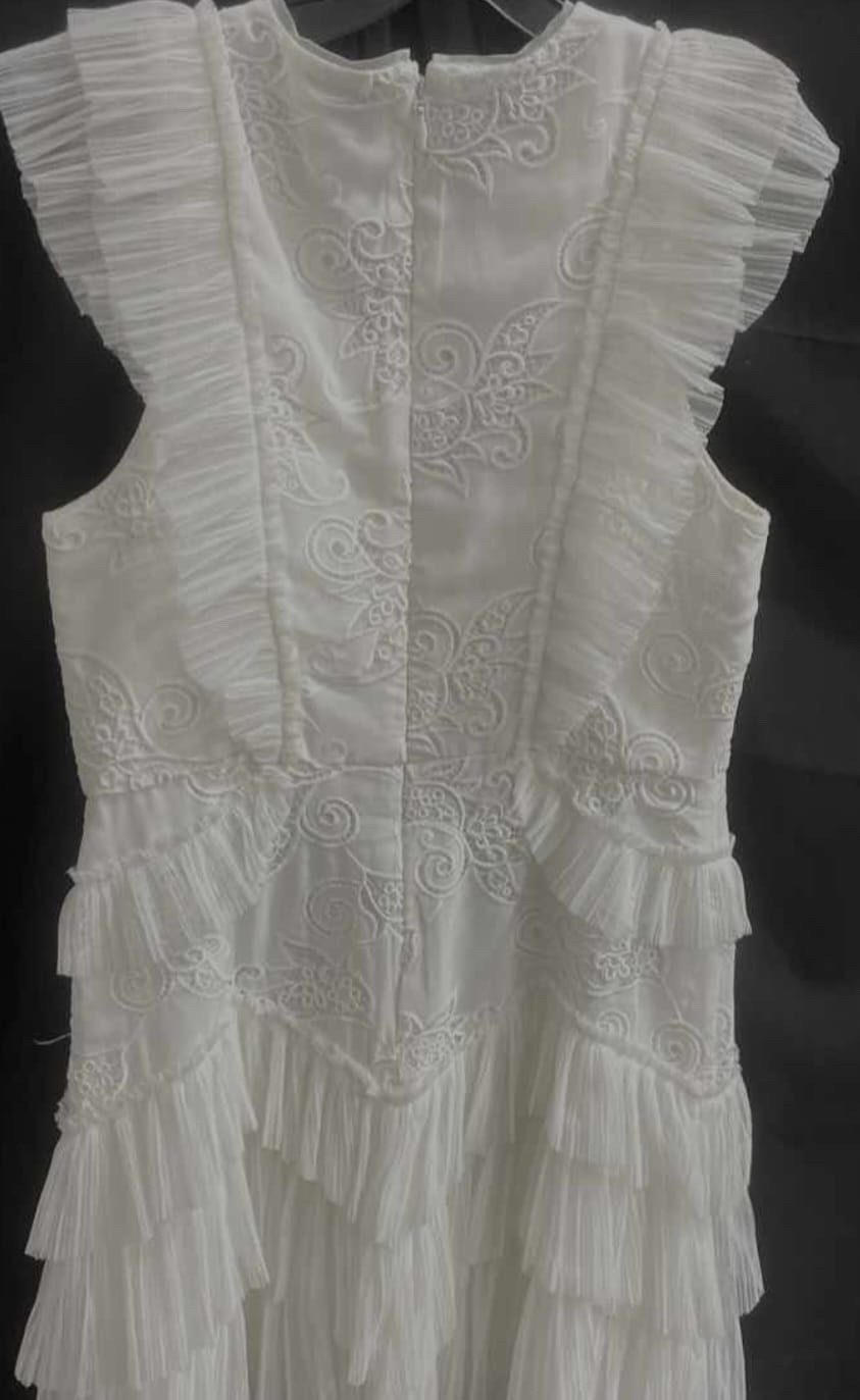 BCBGMAXAZRIA White Embroidered Ruffle Dress