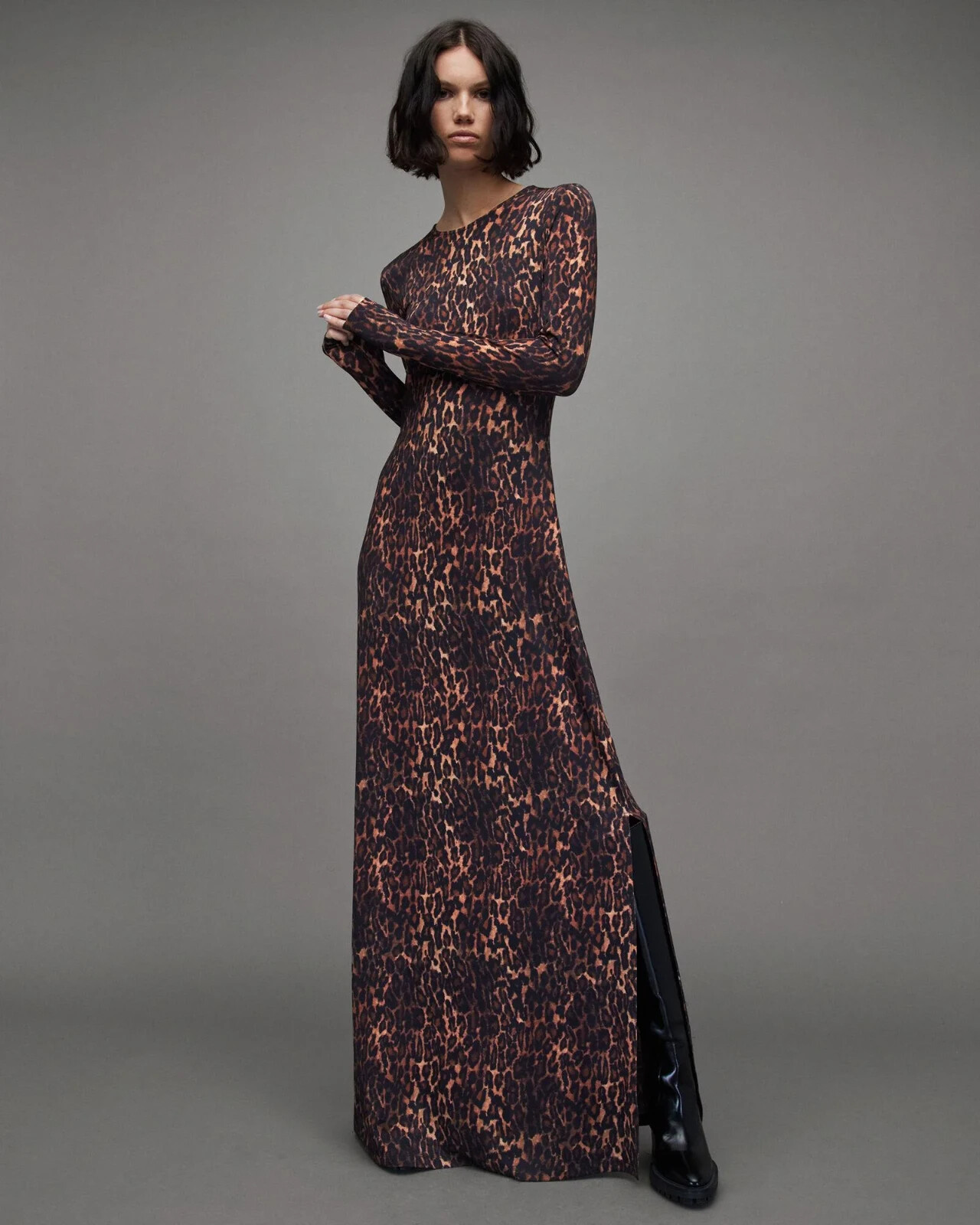 ALLSAINTS Katlyn Evita Leopard Animal Print Jersey Stretch Slit Maxi Dress 10 US