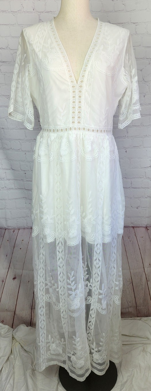 Boho Dress Romantic Sheer Lace Lined Side Slits Wedding Hippie Coquette Size S