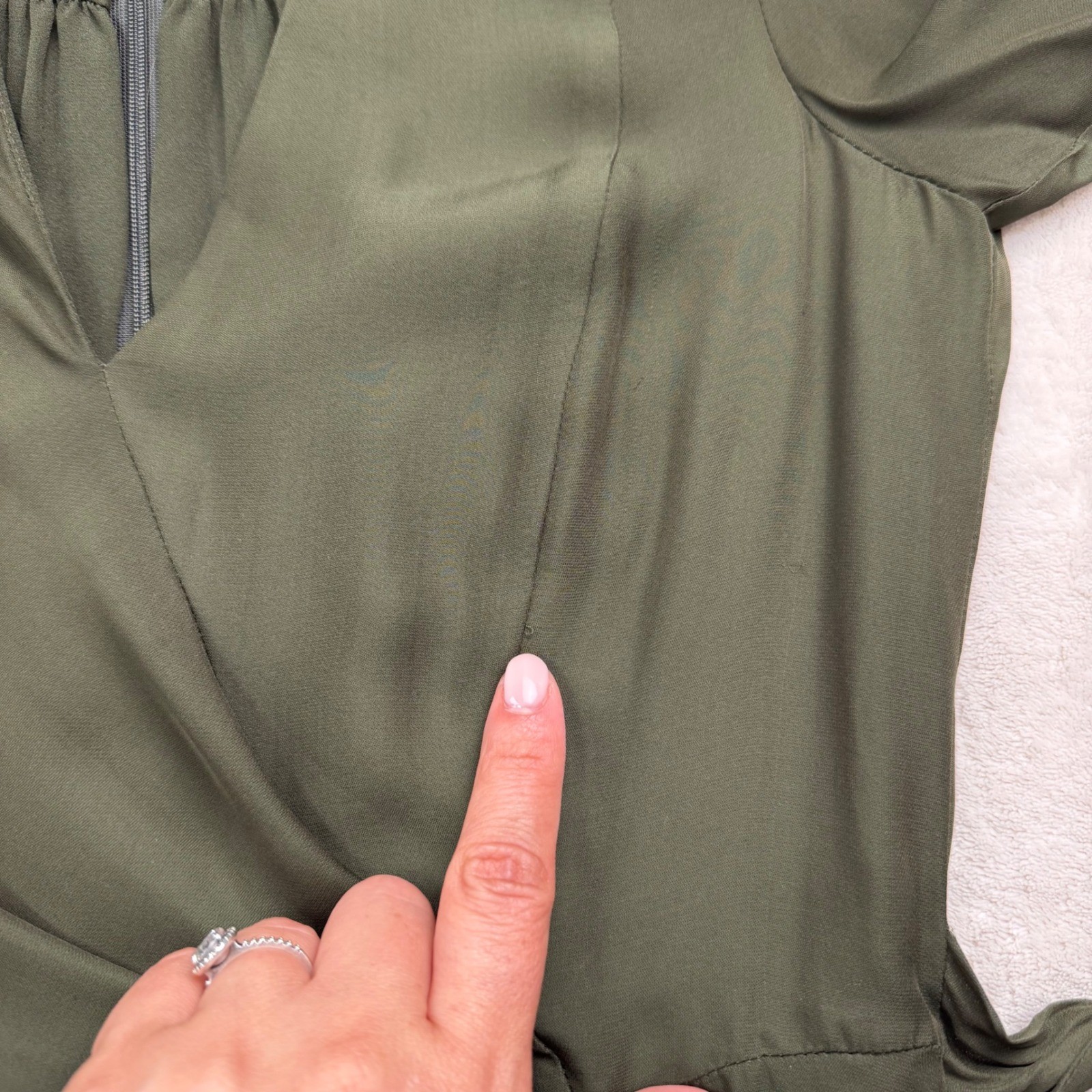 Parker Silk Blend Olive Green Long Sleeve Ruffle Faux Wrap Mini Dress Size S