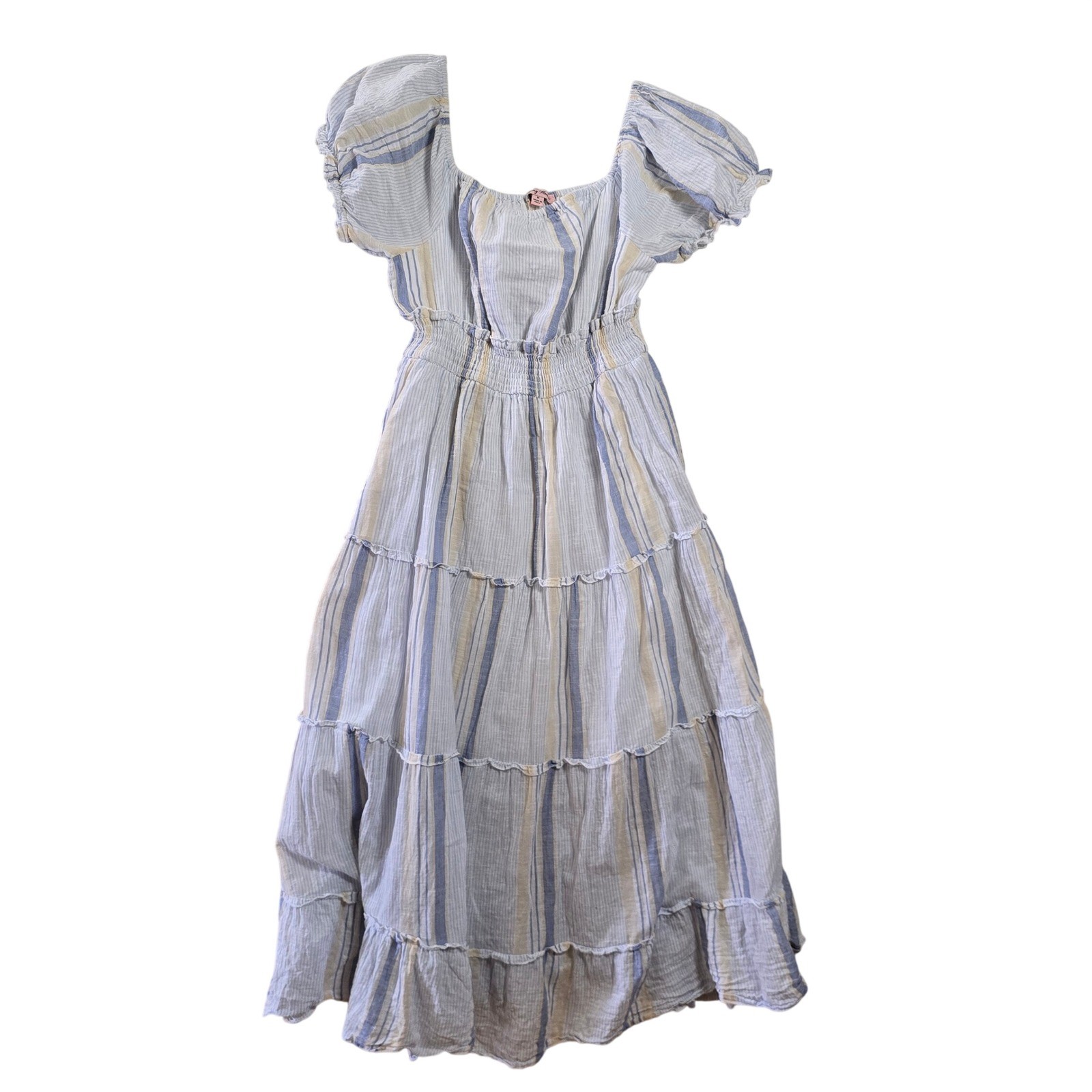 Cotton Coastal Boho Tiered Maxi Dress Blue White Stripe Medium Falling Flower