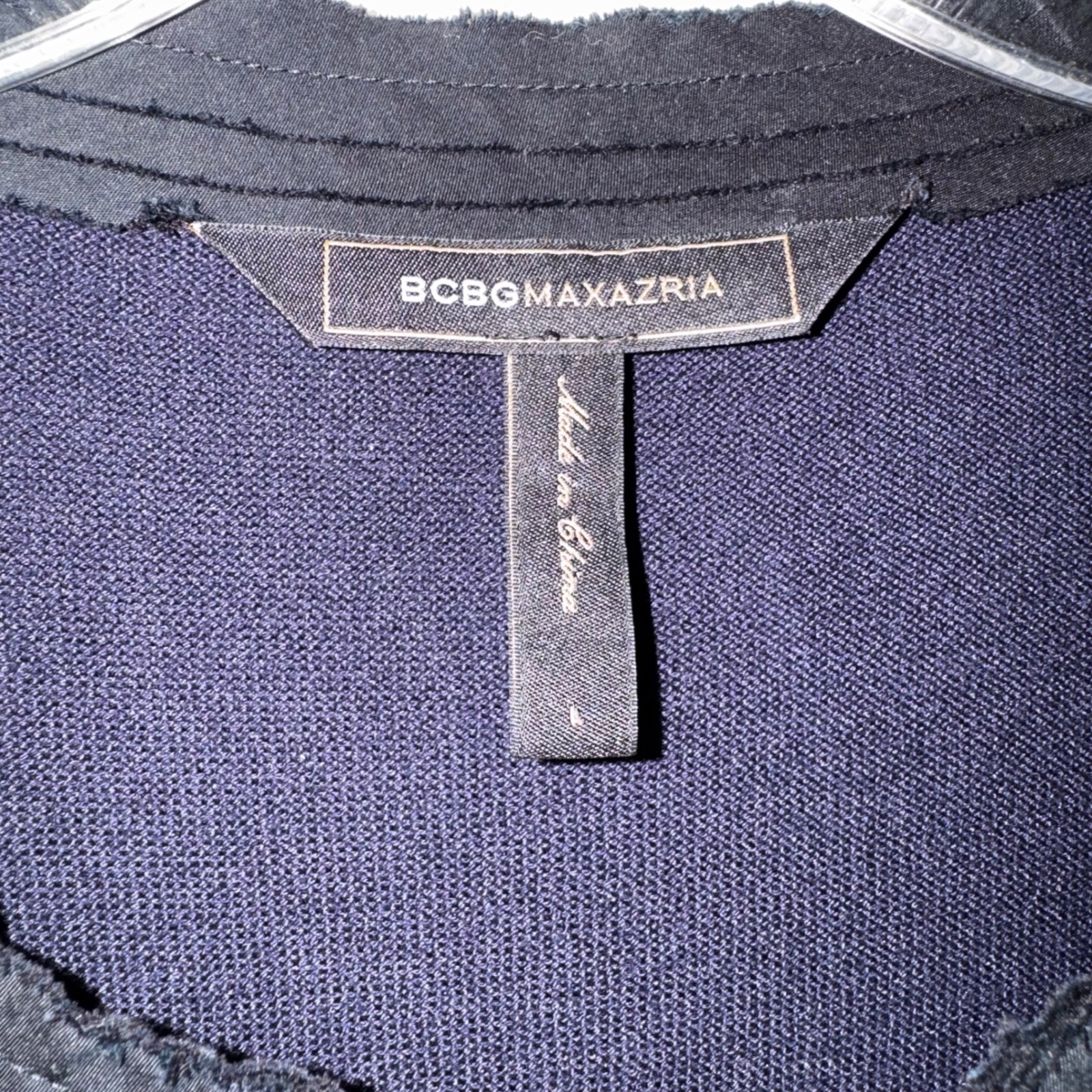 BCBGMAXAZRIA Navy Blue Black Silk Blend Ruffle Bib Knit Dress Large RN80734