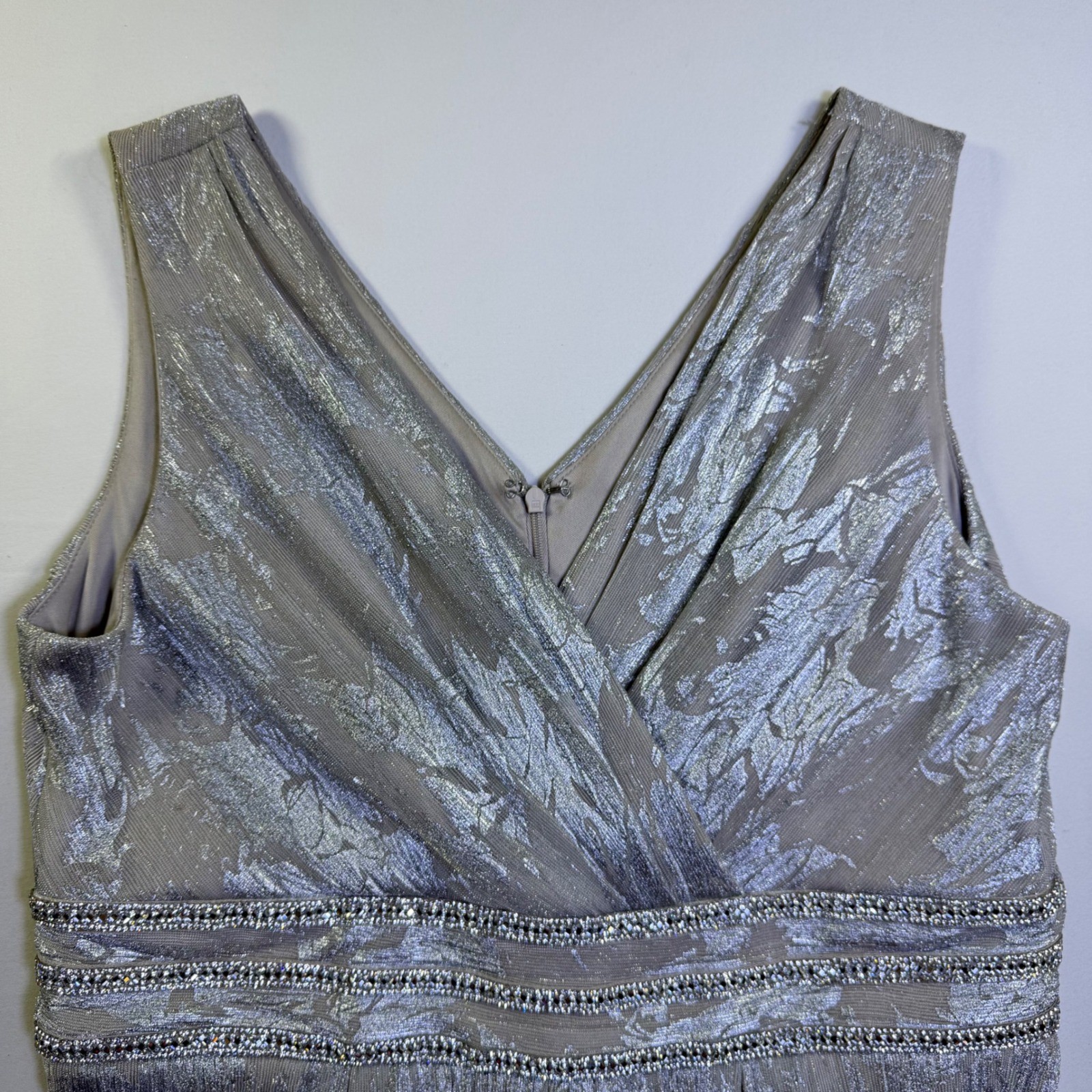 R&M Richards Silver Metallic Pleated Gown Beaded Empire Waist Formal Dress 14