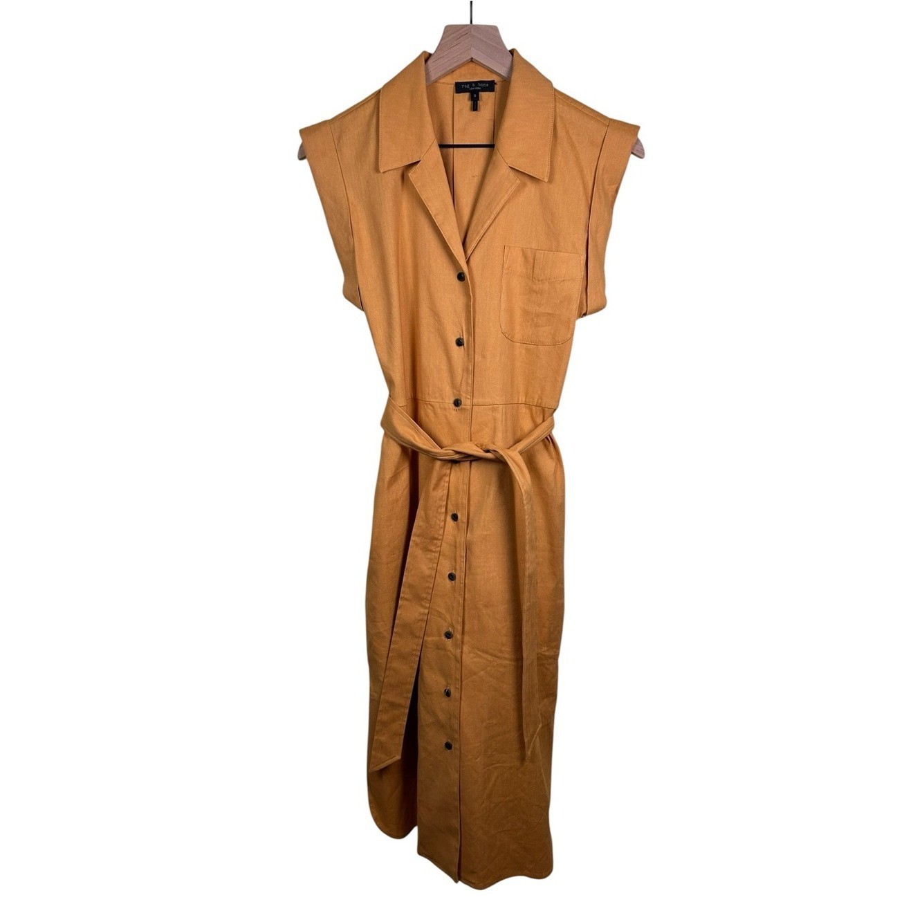 RAG & BONE Helena Linen Blend Button Front Shirt Dress Mustard Sz 0 Resort