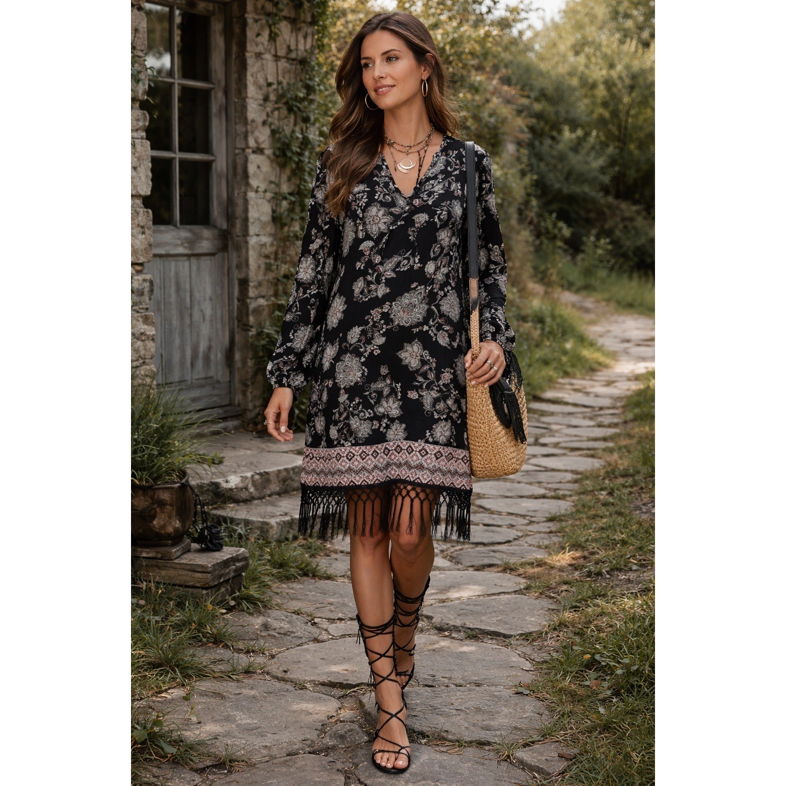 Boho Whimsigoth Black Paisley Floral Fringe Hem Long Sleeve Midi L Shift Dress