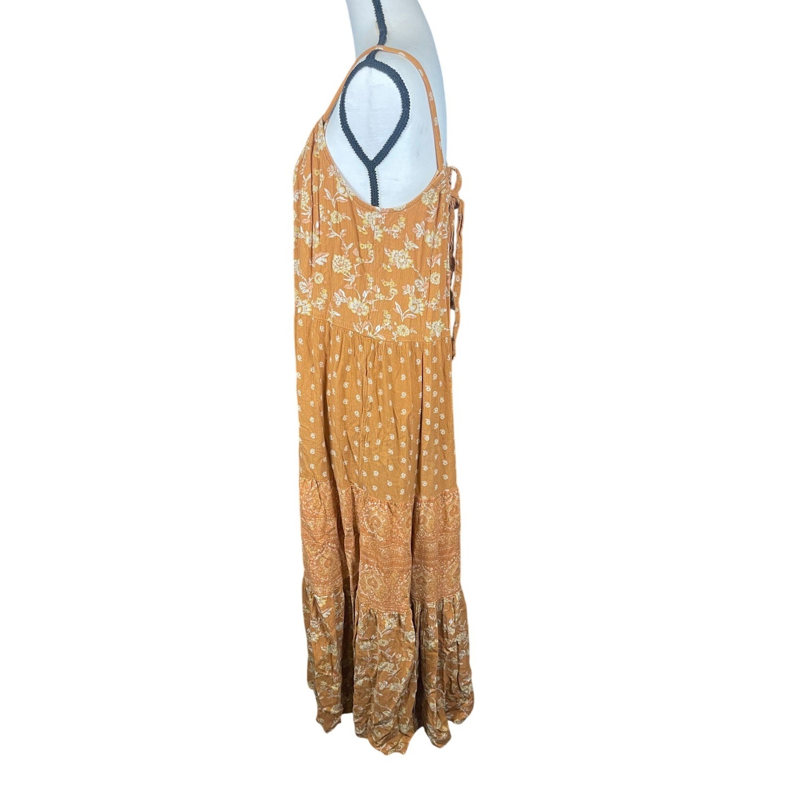 Wonderly Boho Fairy Cottagecore Peasant Tiered Maxi Dress Womens L Orange Tie Bk