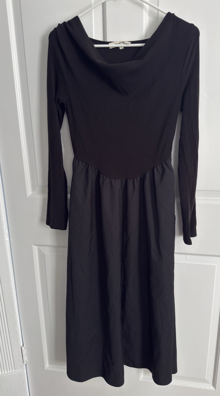 Womens Simple Retro Black Empire Waist Midi Dress Princess Charm Small Cowl Neck