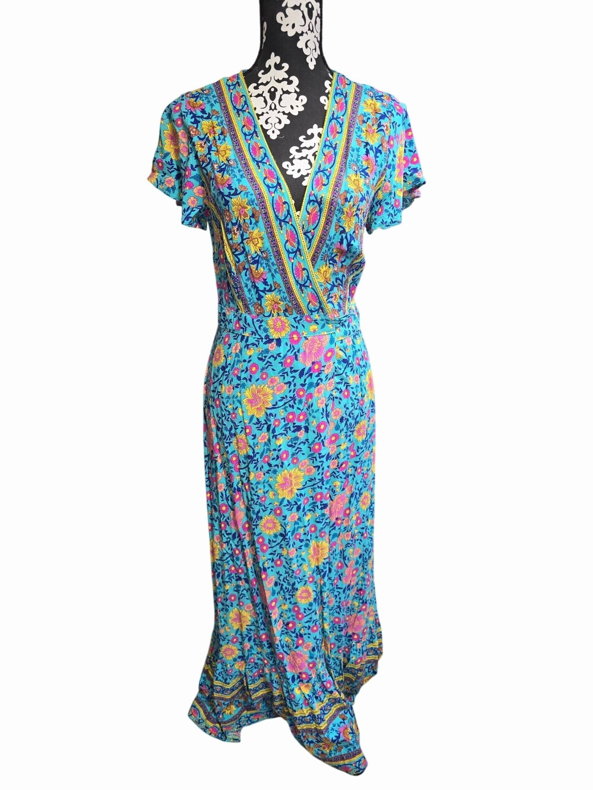 Zesica Floral Wrap Dress Short Sleeve Maxi Blue Boho Gypsy Flowy Feminine Small
